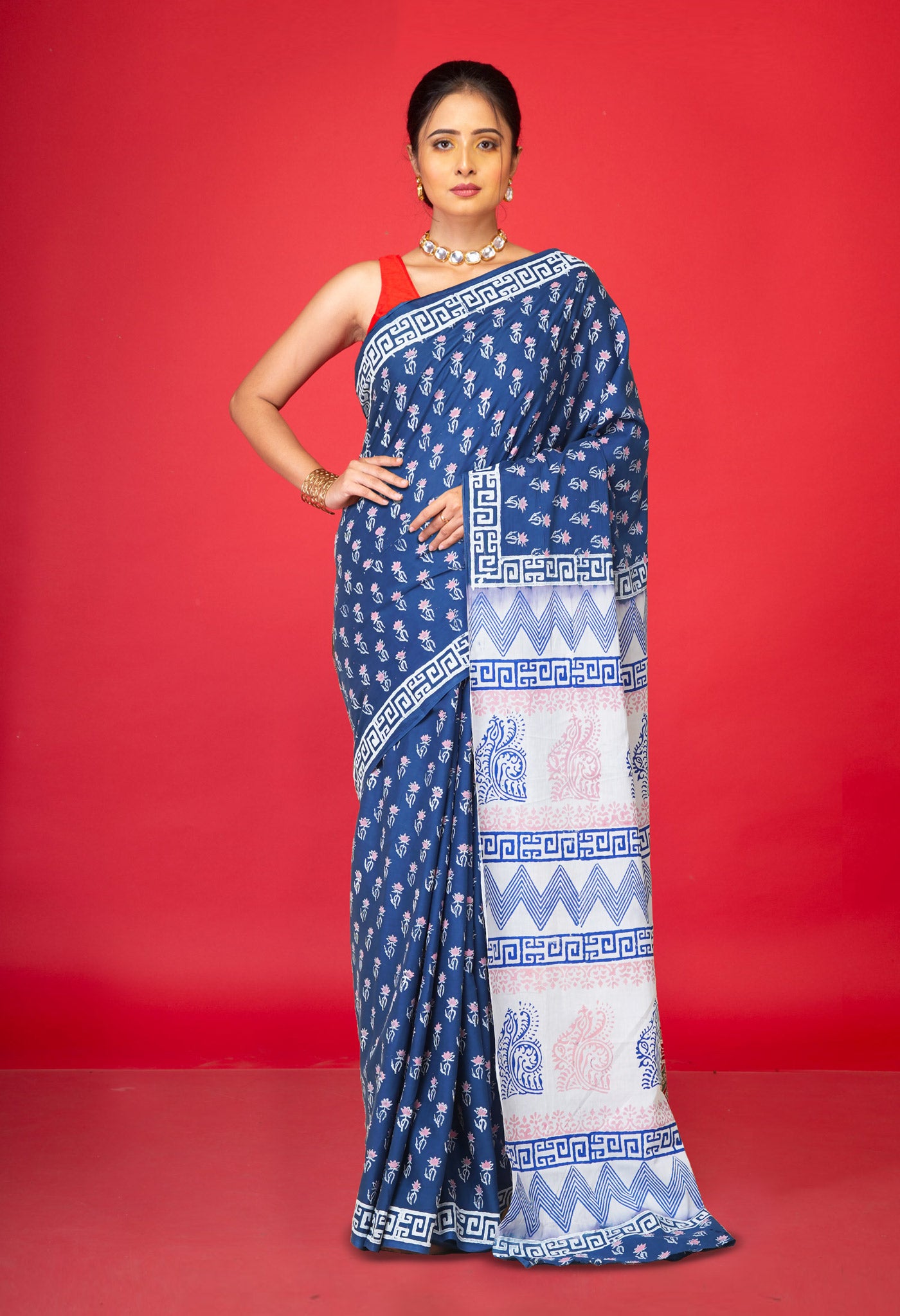 Blue Pure Hand Block Printed Soft Cotton Saree