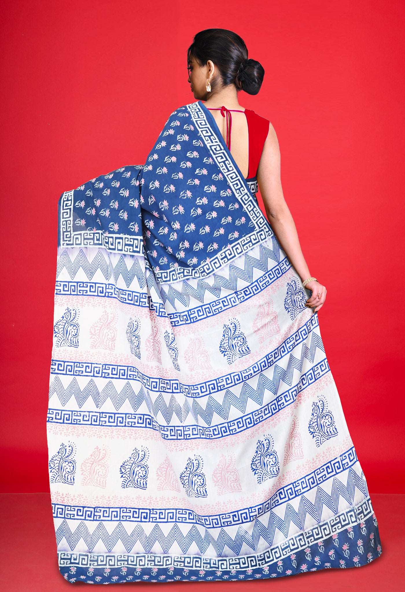 Blue Pure Hand Block Printed Soft Cotton Saree