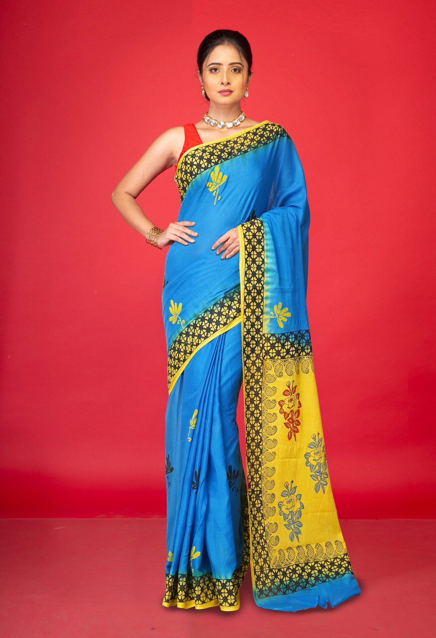 Blue Pure Hand Block Printed Soft Cotton Saree-UNM79279