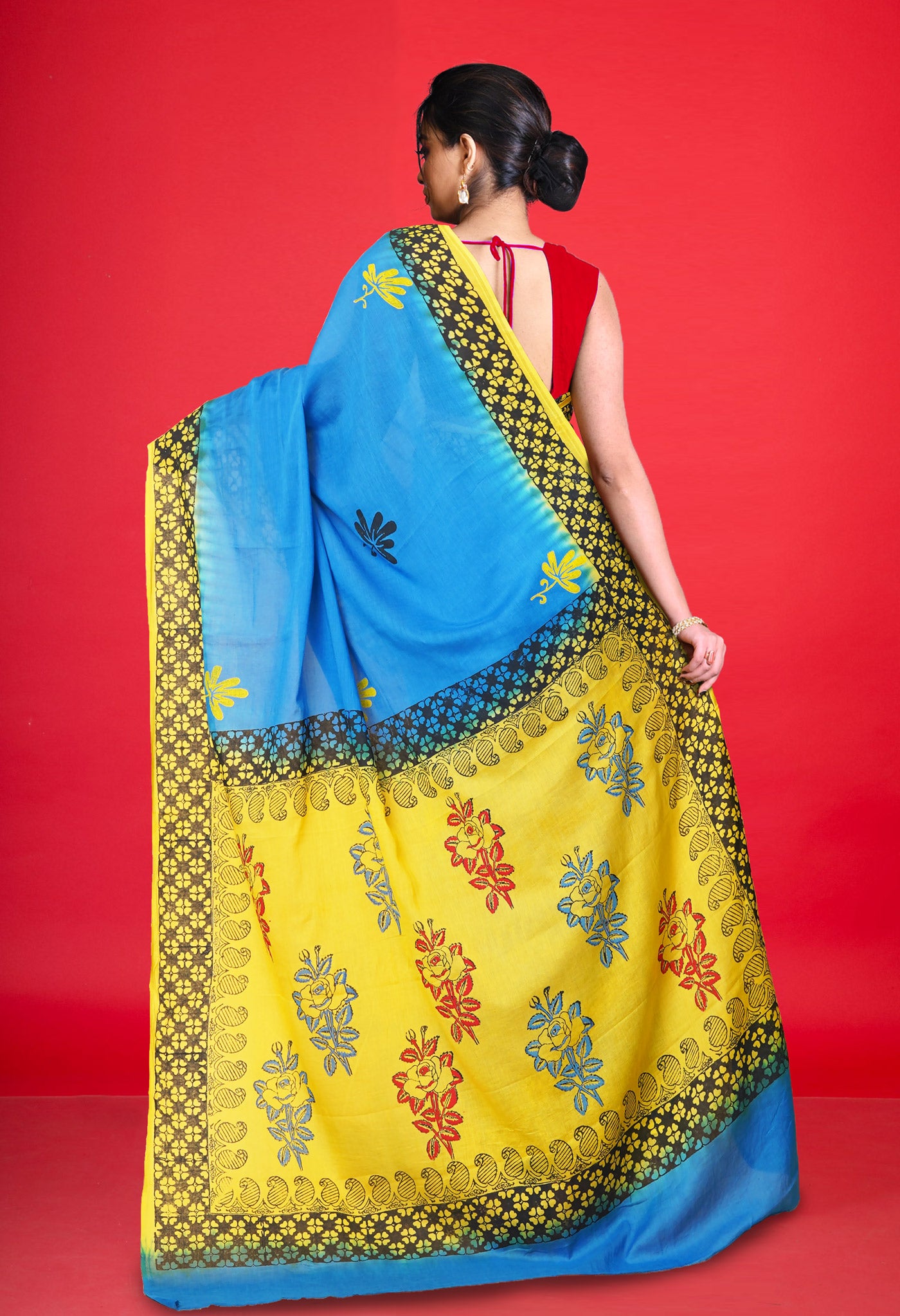 Blue Pure Hand Block Printed Soft Cotton Saree-UNM79279