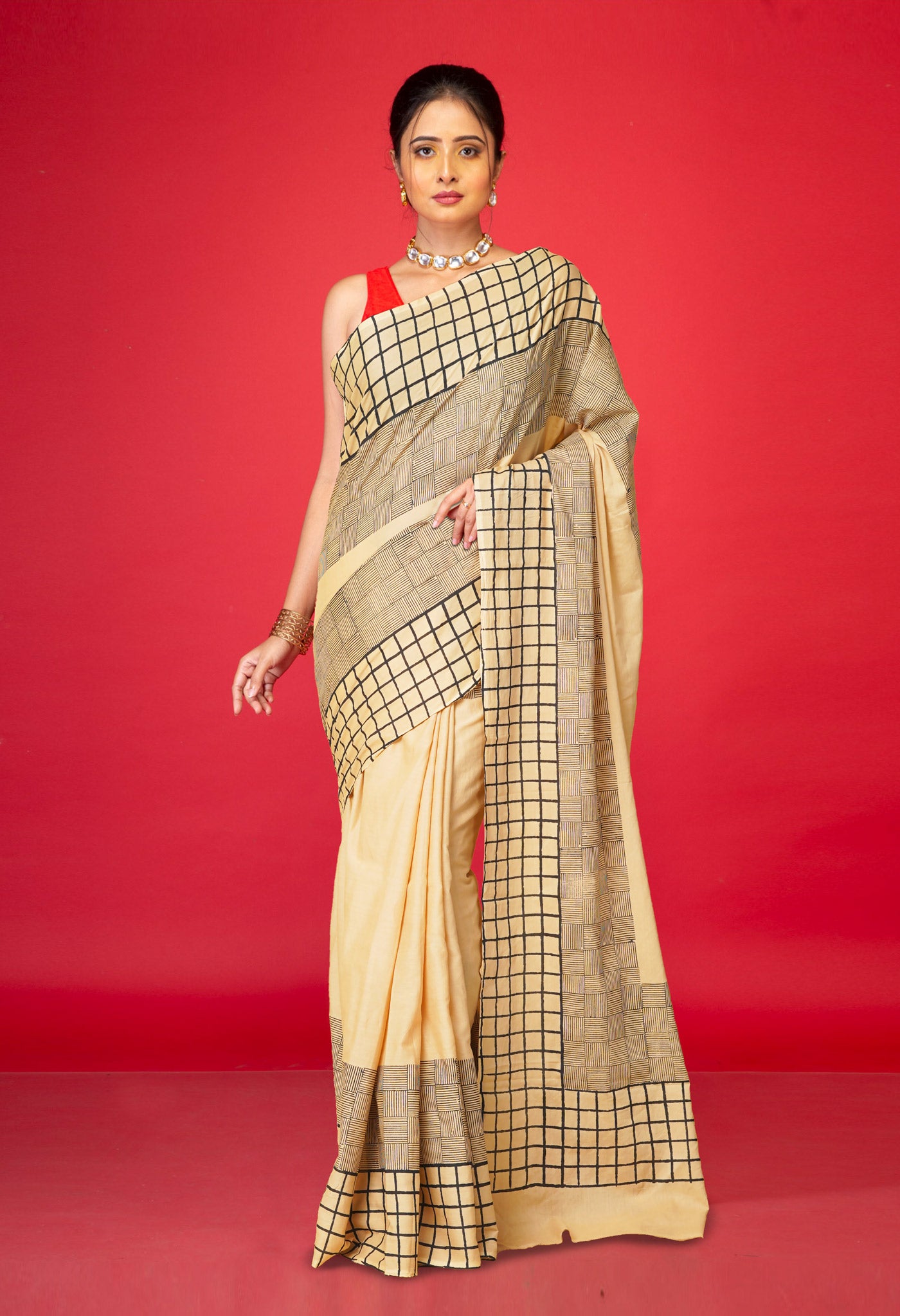 Brown Pure Hand Block Printed Soft Cotton Saree-UNM79281