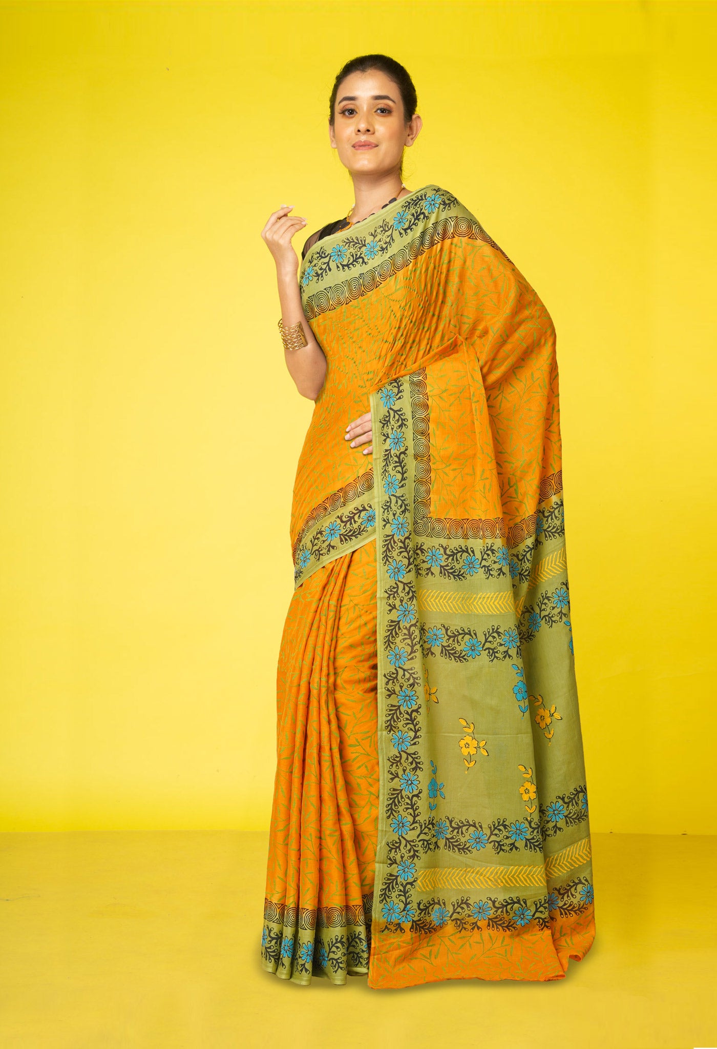 Yellow Pure Hand Block Printed Soft Cotton Saree-UNM79283