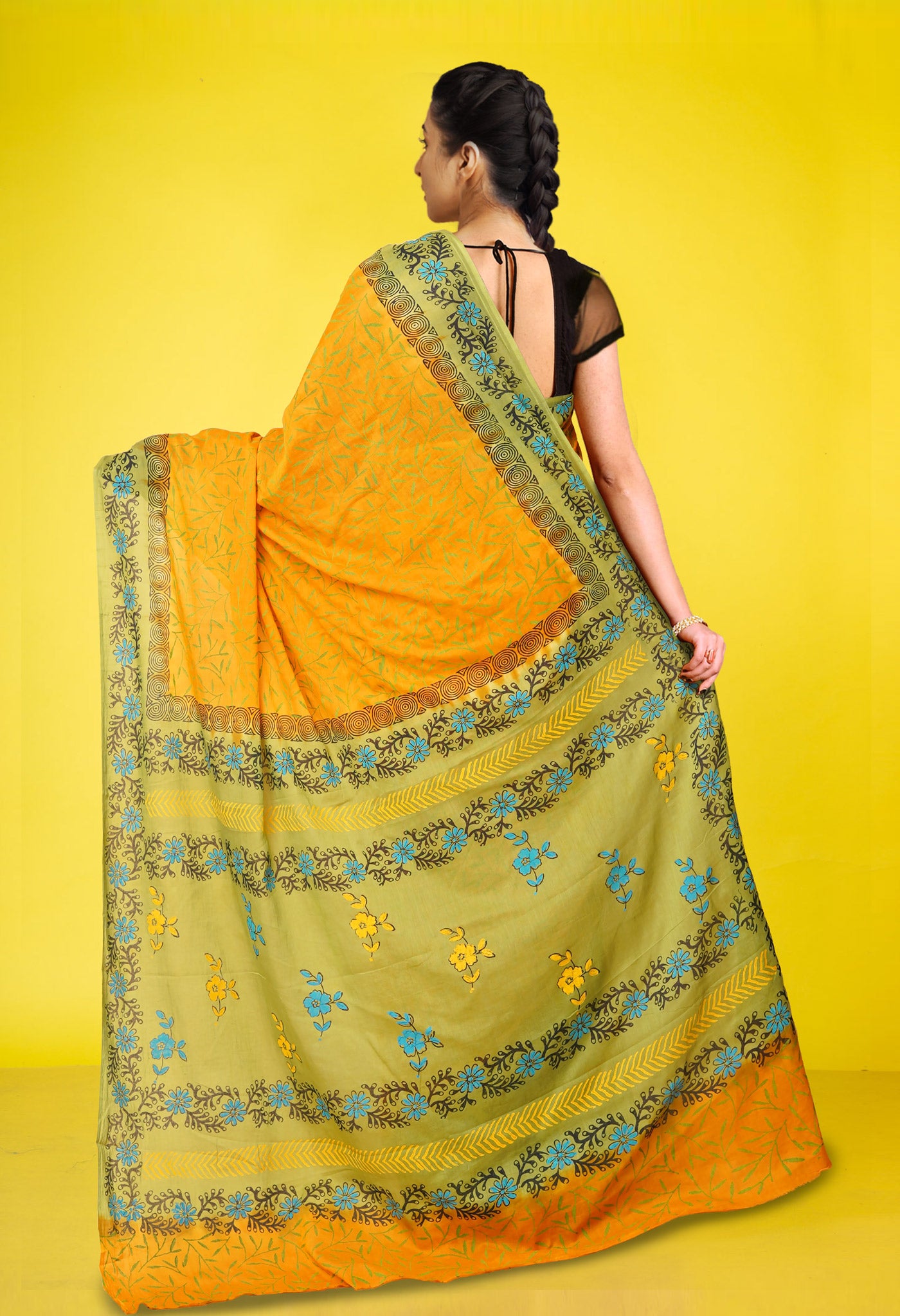 Yellow Pure Hand Block Printed Soft Cotton Saree-UNM79283