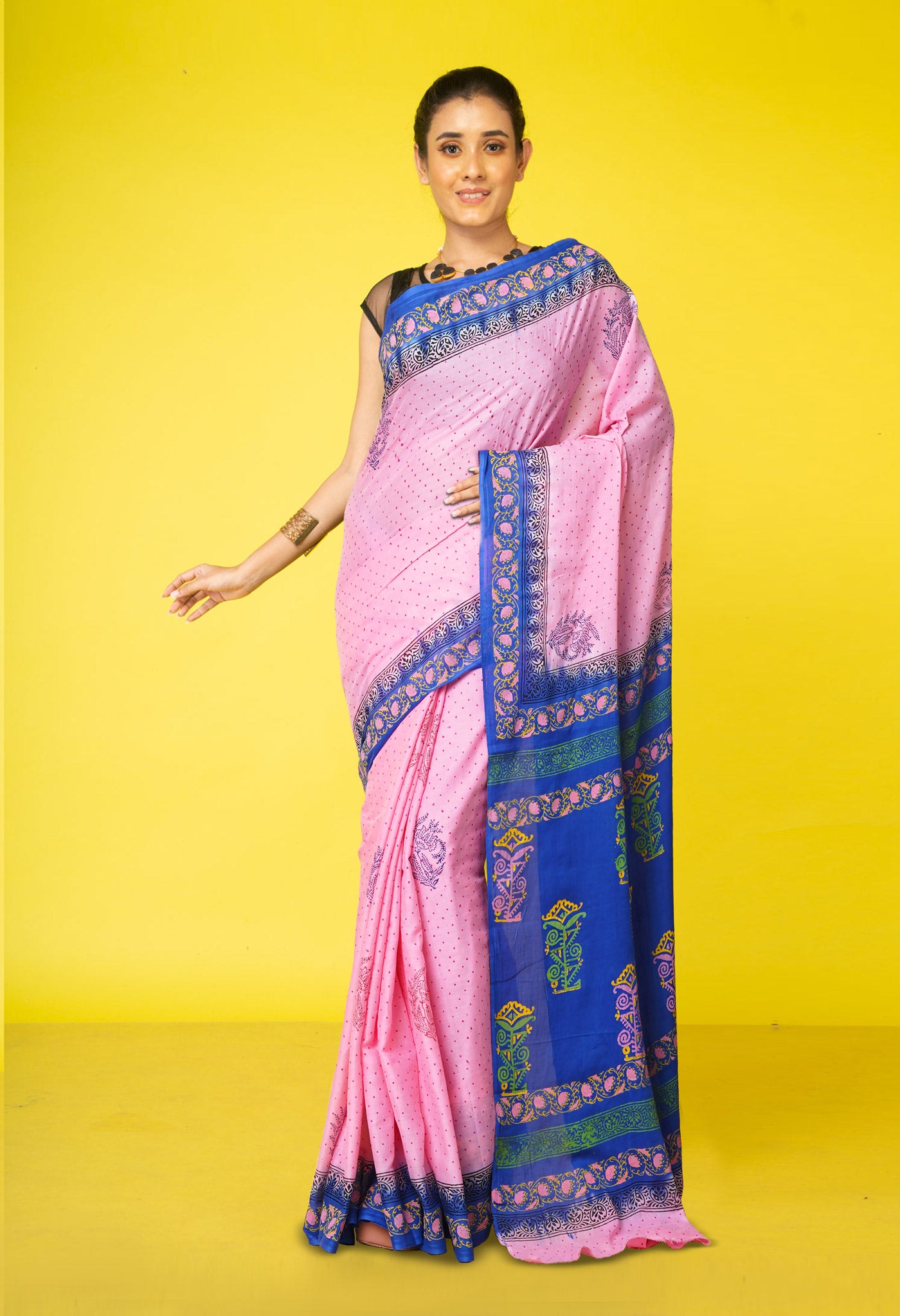 Pink Pure Hand Block Printed Soft Cotton Saree-UNM79284