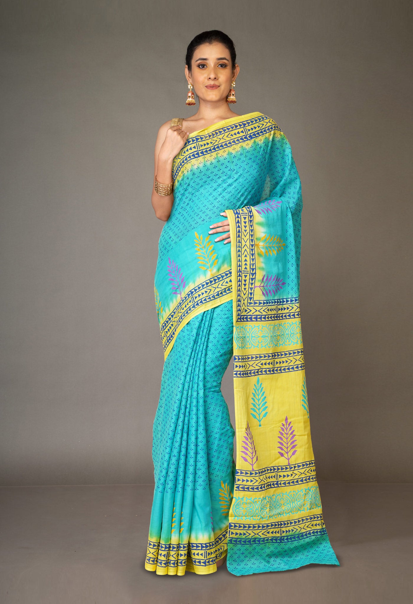 Blue Pure Hand Block Printed Soft Cotton Saree-UNM79285