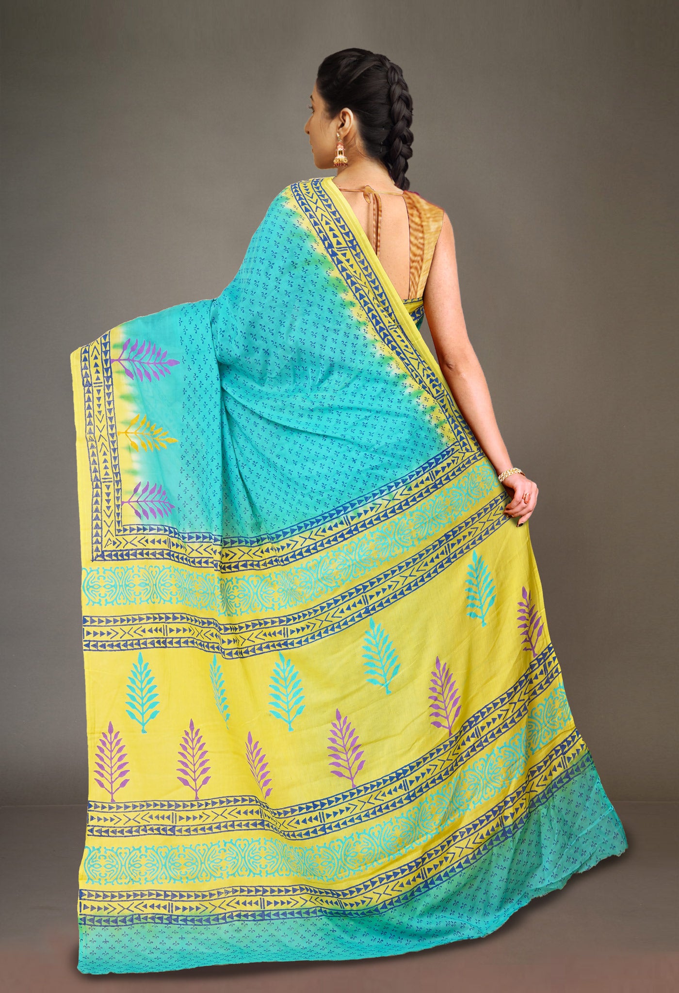 Blue Pure Hand Block Printed Soft Cotton Saree-UNM79285