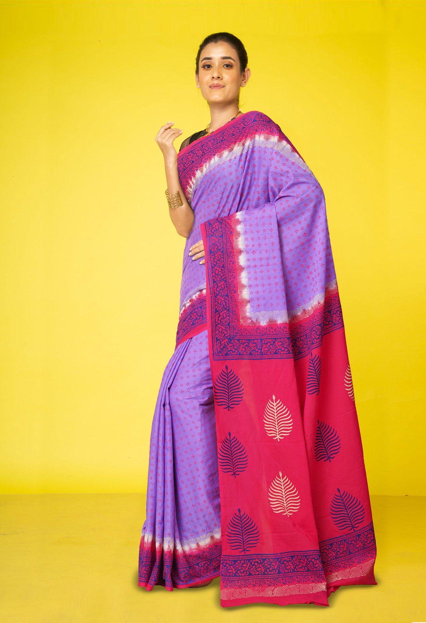 Lavender Pure Hand Block Printed Soft Cotton Saree-UNM79288