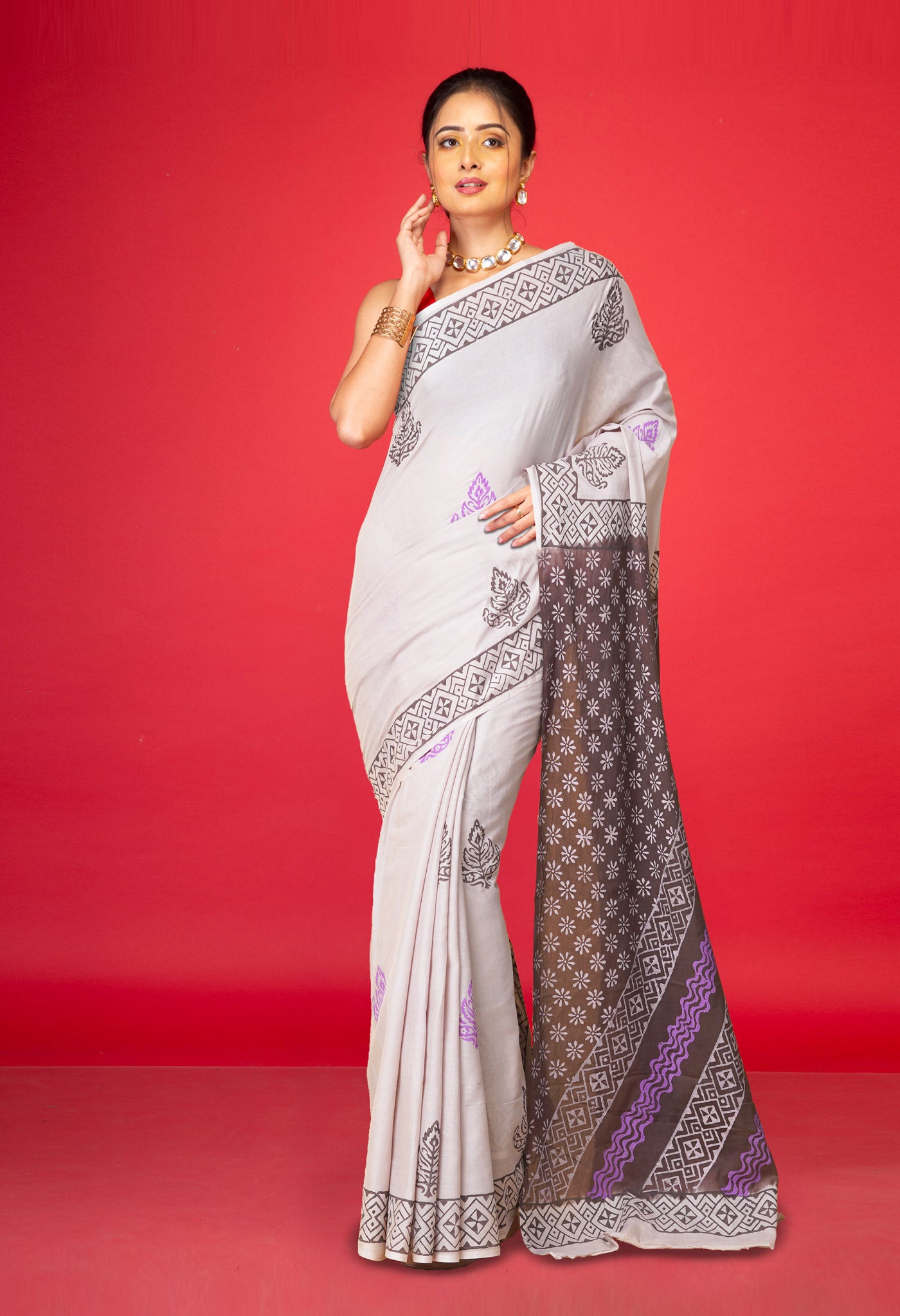 Beige Pure Hand Block Printed Soft Cotton Saree