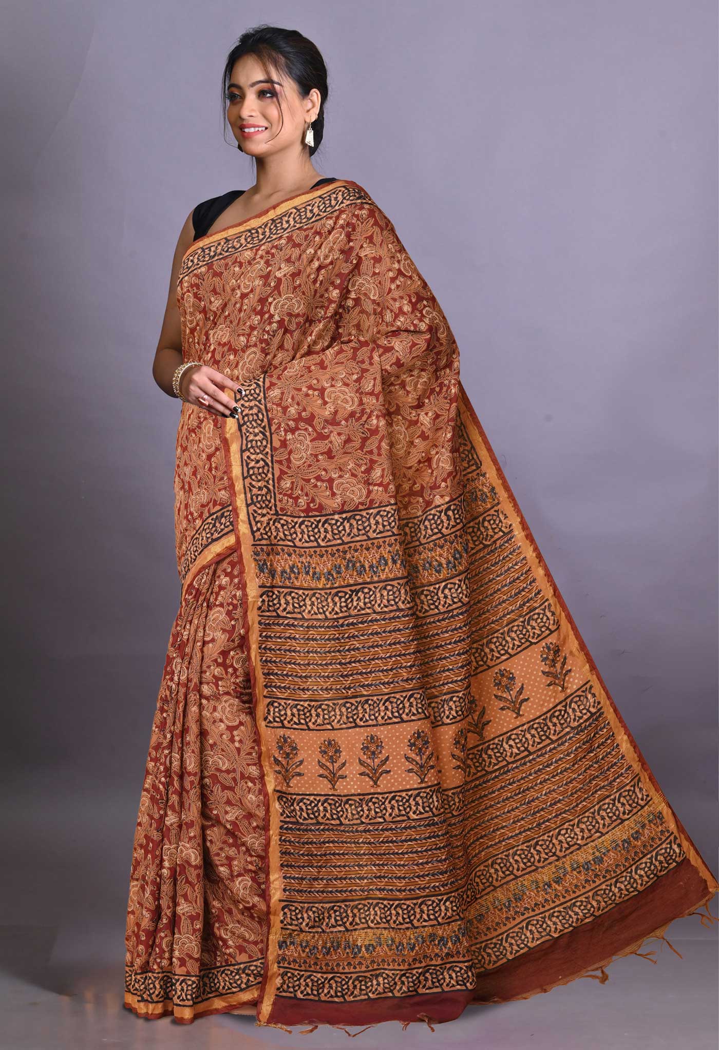 Orange Pure Bagru Printed Pashmina Sico Saree-UNM79293