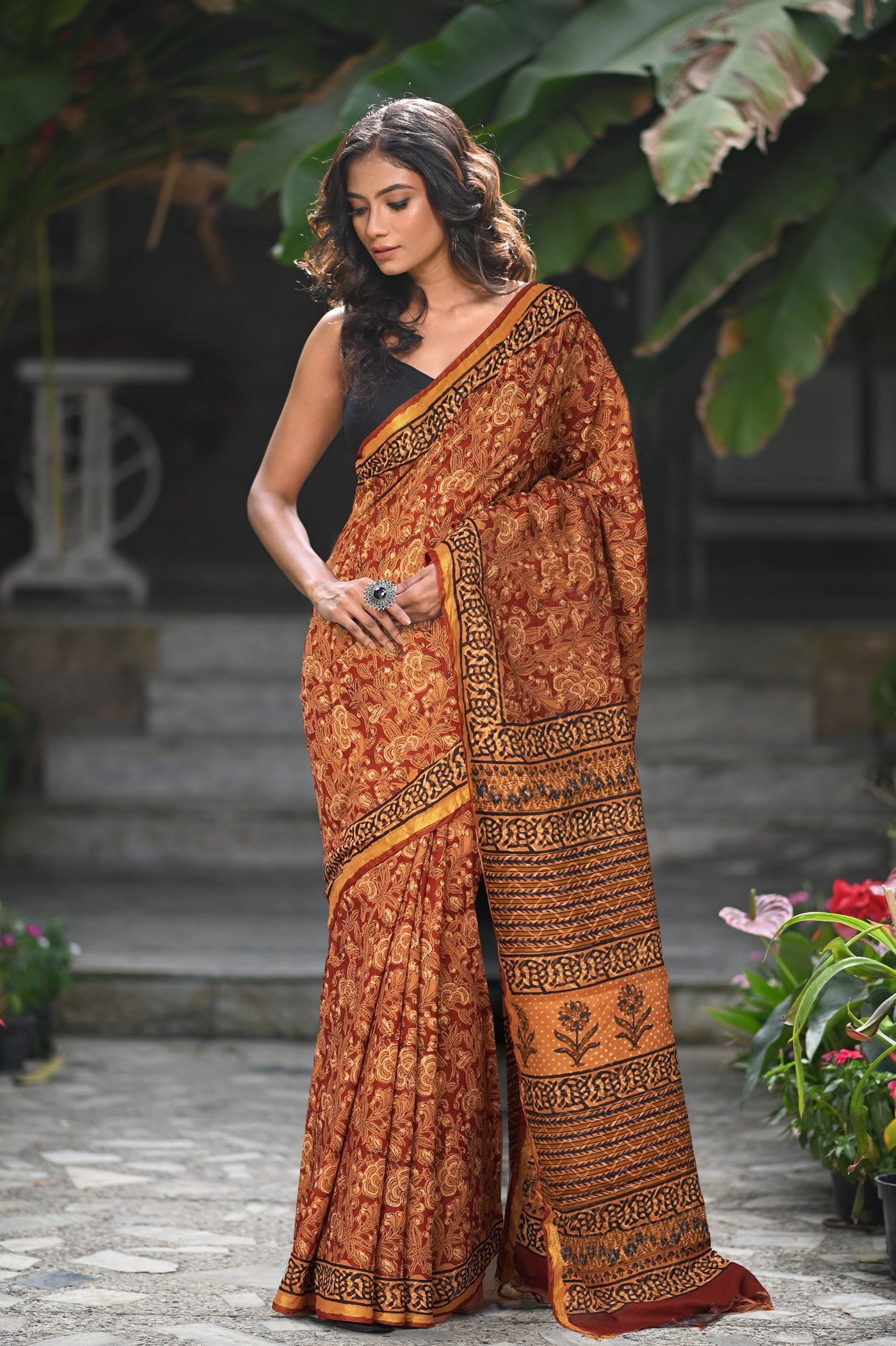 Orange Pure Bagru Printed Pashmina Sico Saree-UNM79293