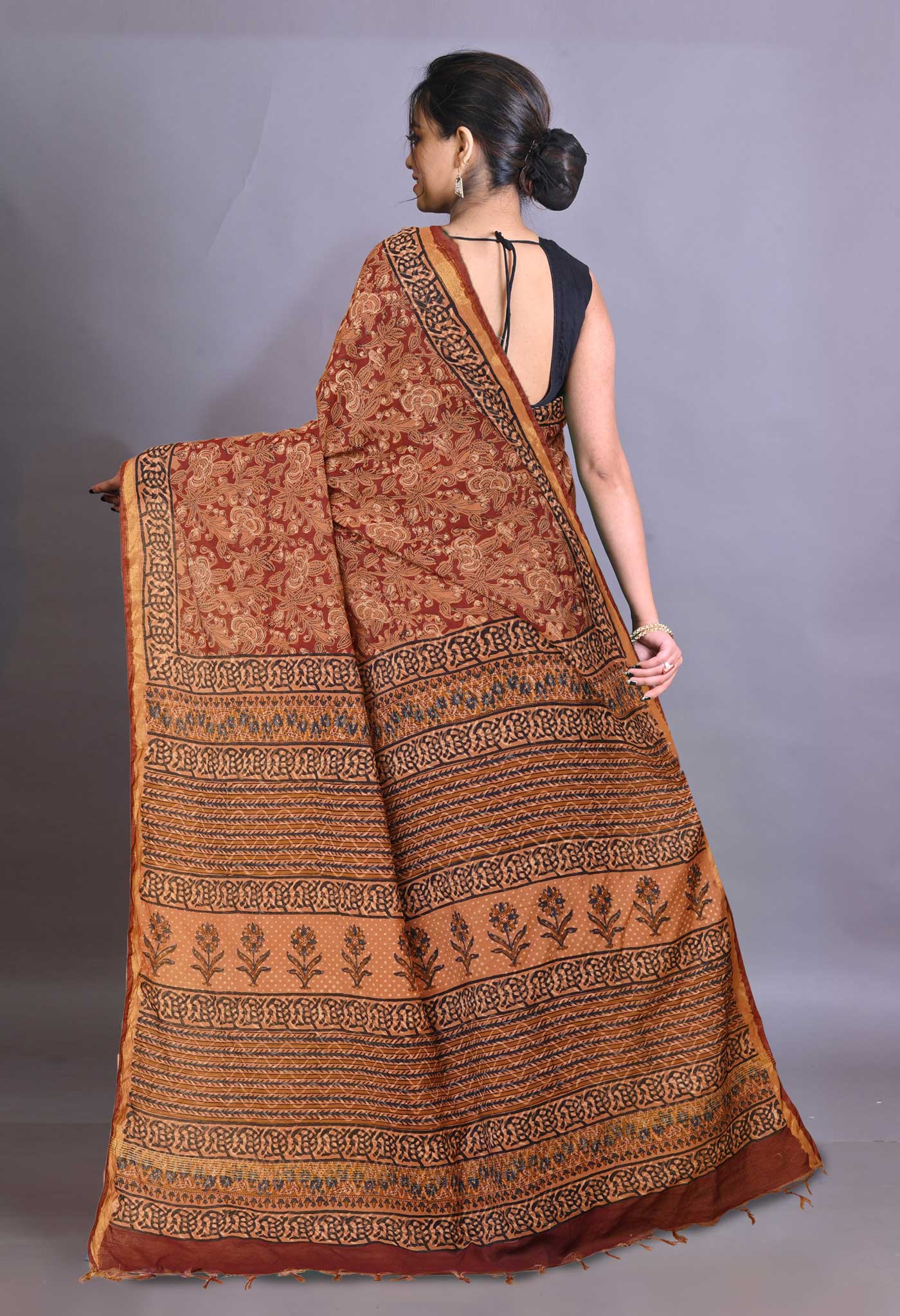 Orange Pure Bagru Printed Pashmina Sico Saree-UNM79293