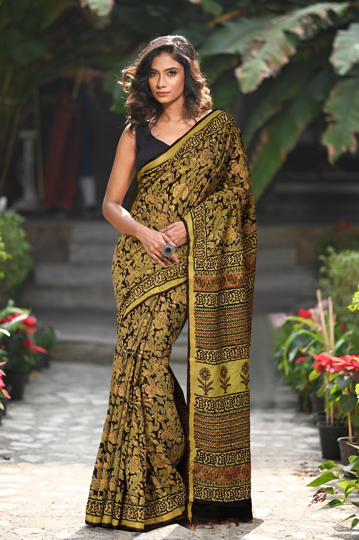 Black Pure Bagru Printed Pashmina Sico Saree-UNM79294