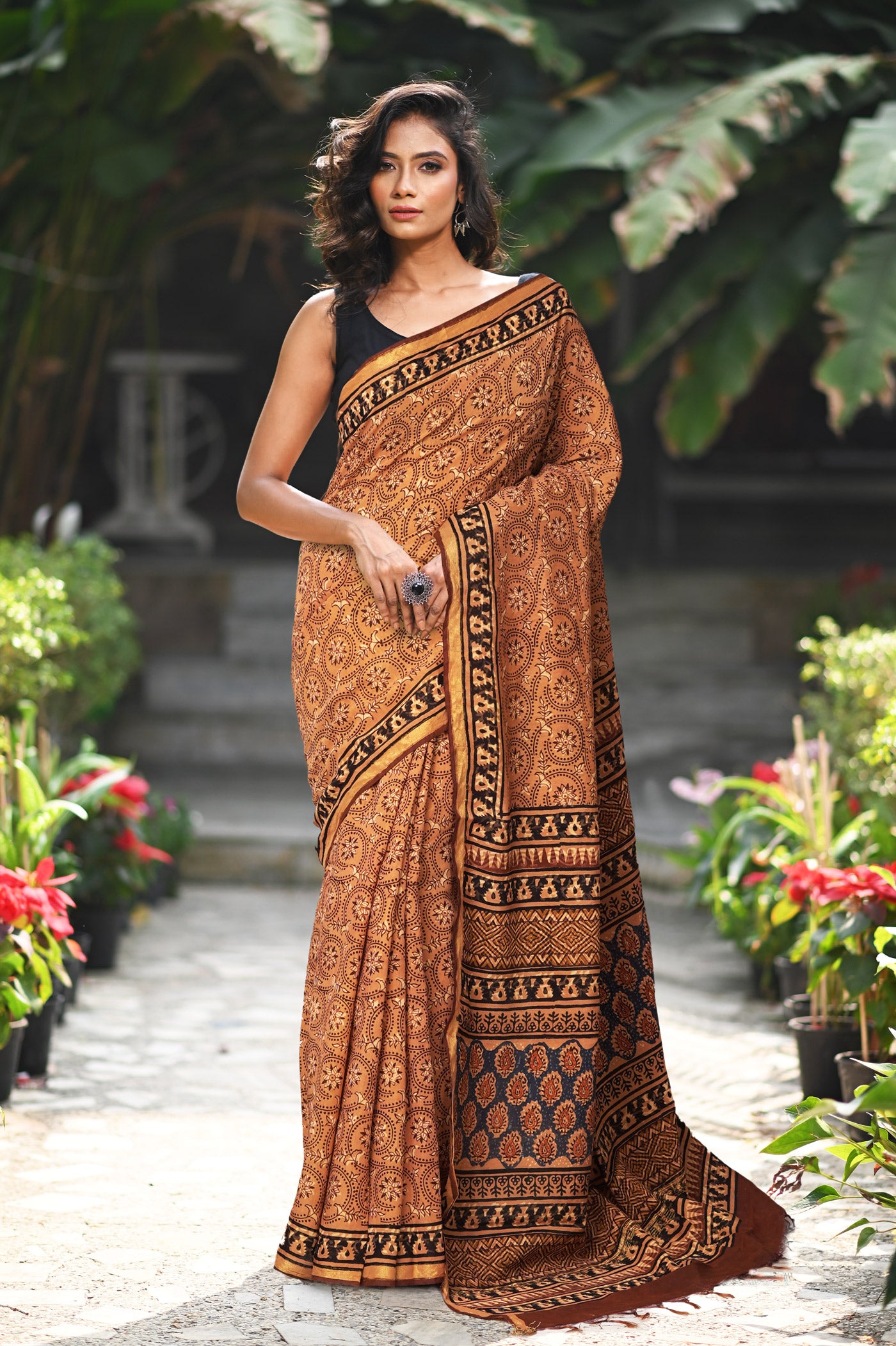 Orange Pure Bagru Printed Pashmina Sico Saree-UNM79295