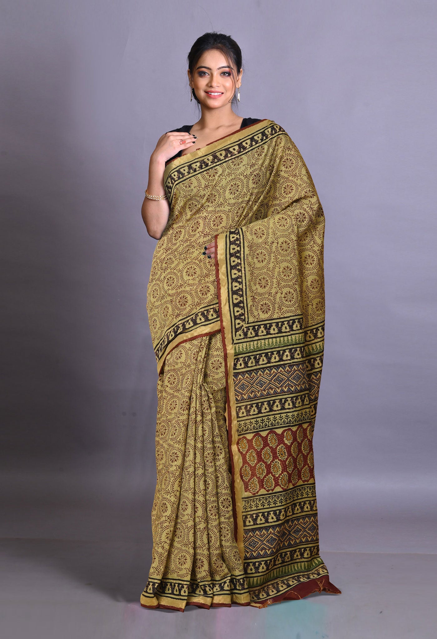 Green Pure Bagru Printed Pashmina Sico Saree-UNM79296