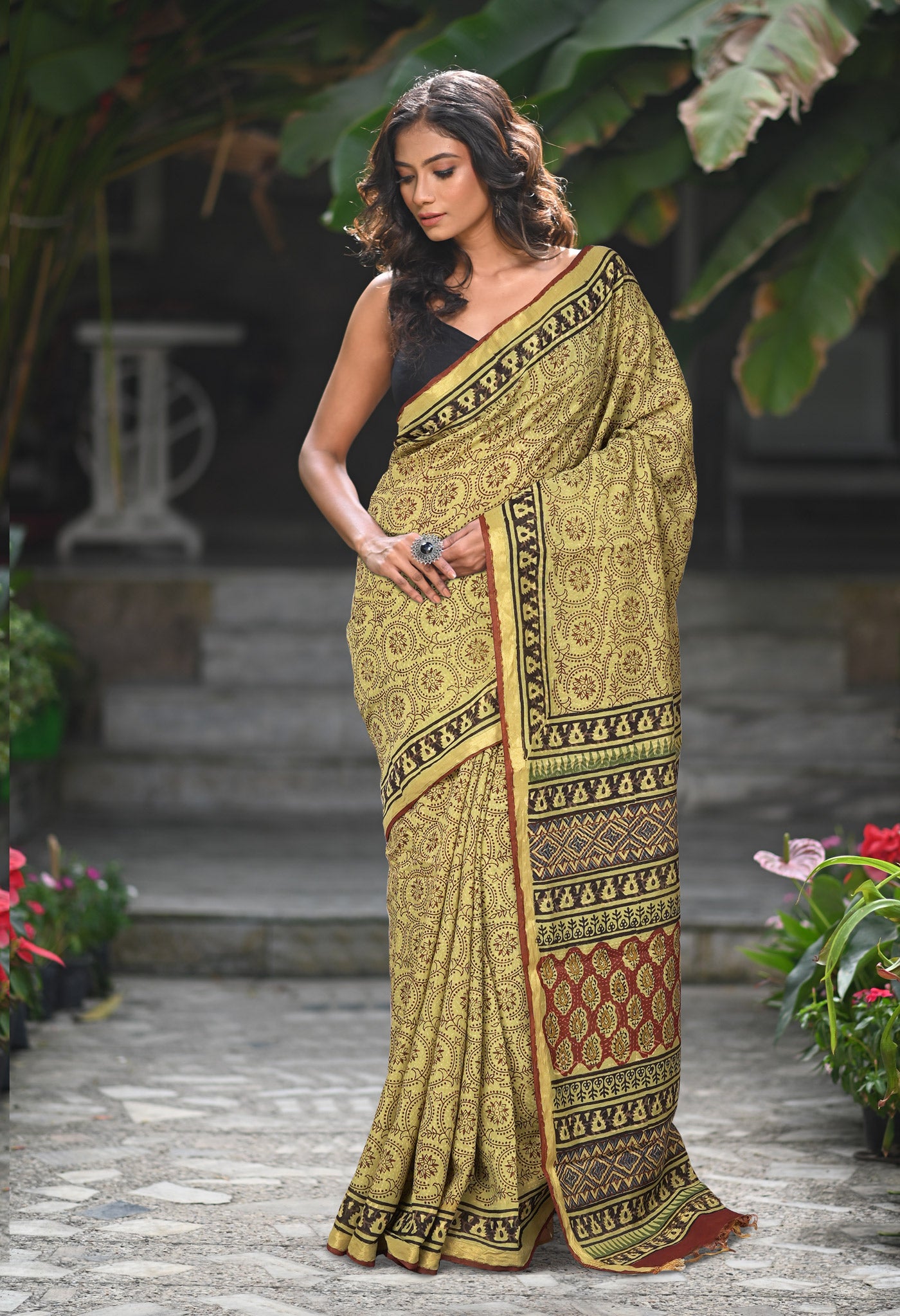 Green Pure Bagru Printed Pashmina Sico Saree-UNM79296