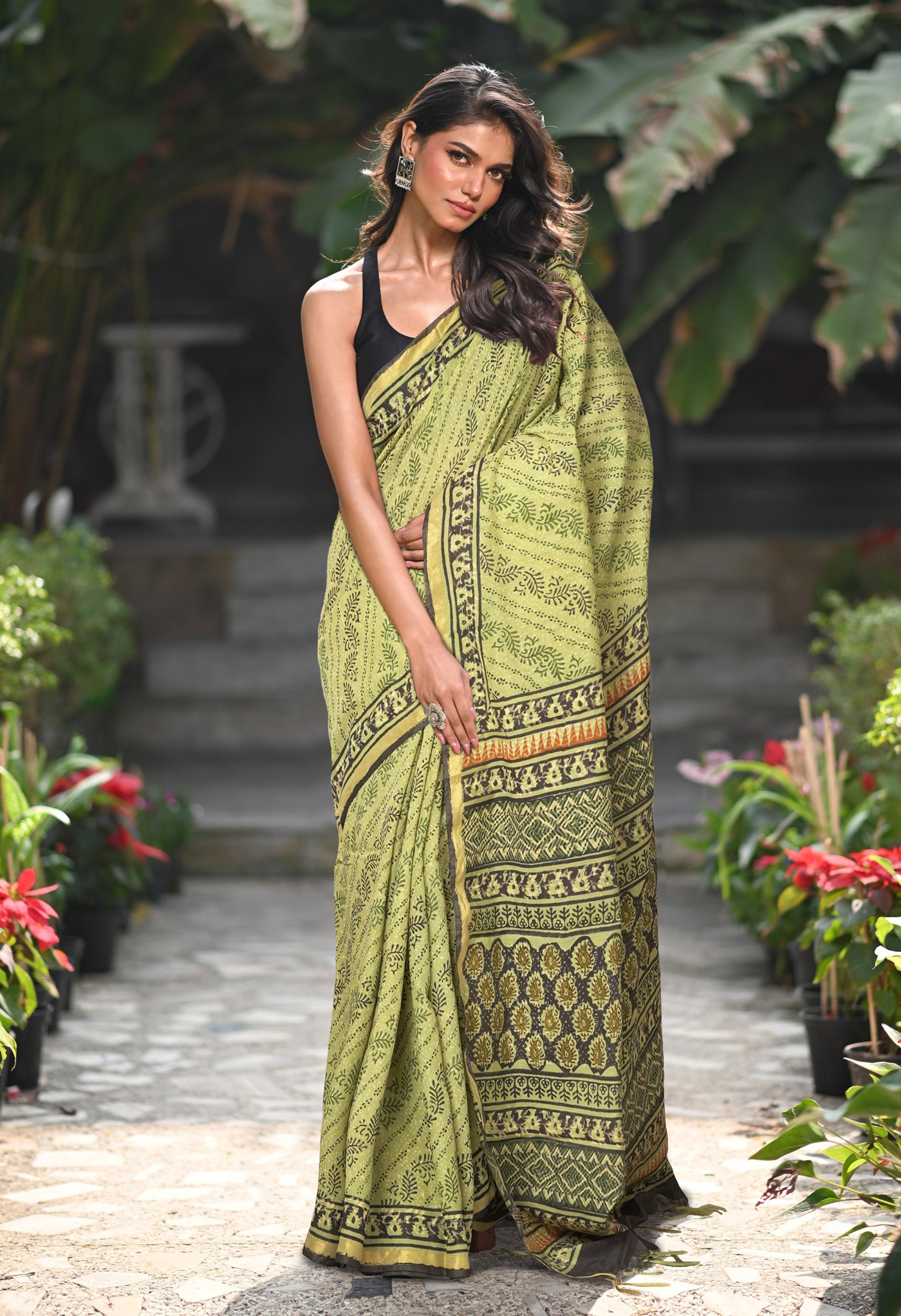 Green Pure Bagru Printed Pashmina Sico Saree-UNM79298