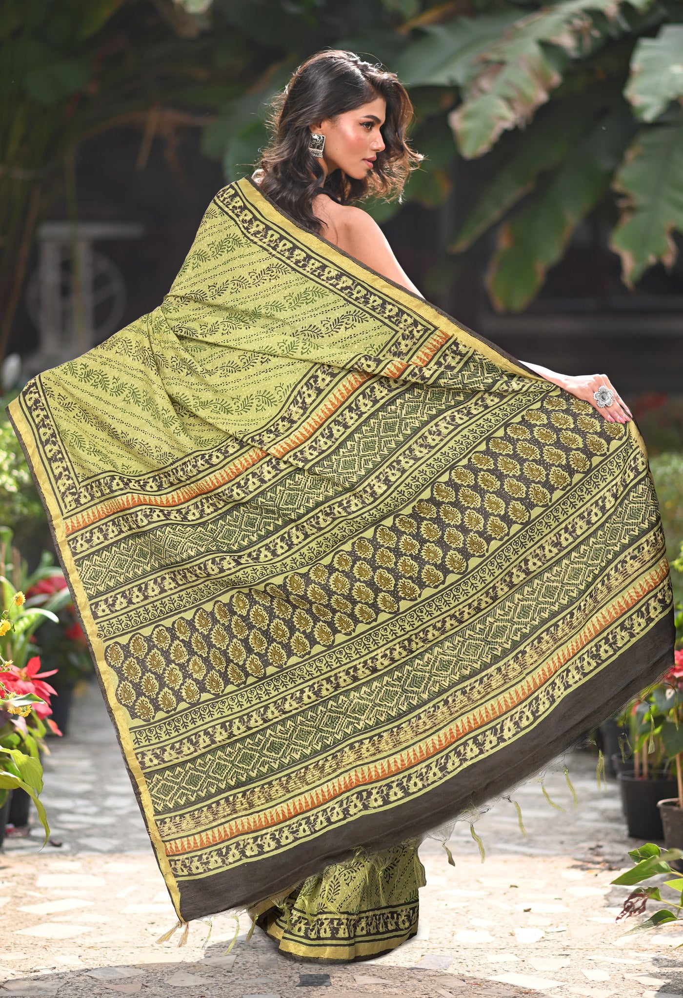 Green Pure Bagru Printed Pashmina Sico Saree-UNM79298