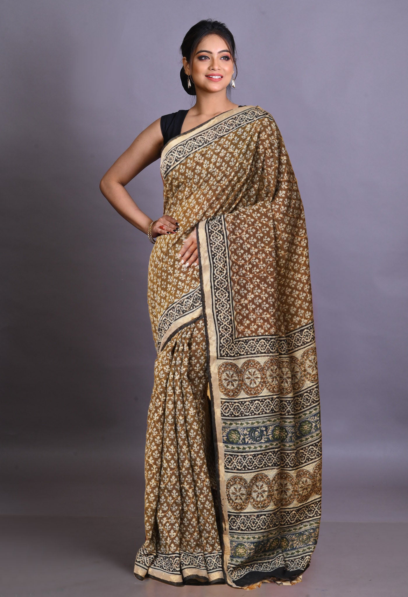 Brown Pure Bagru Printed Pashmina Sico Saree-UNM79301