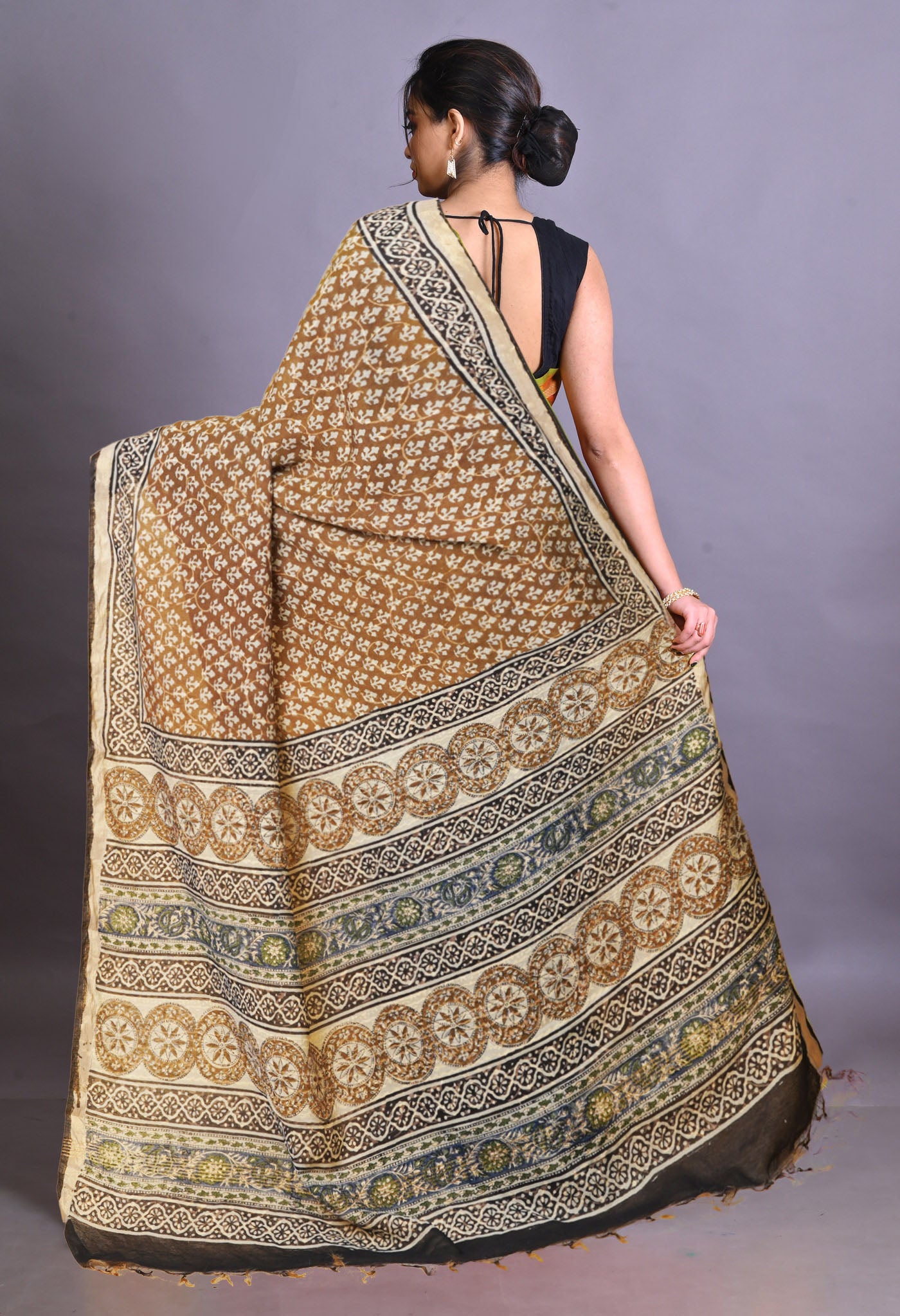 Brown Pure Bagru Printed Pashmina Sico Saree-UNM79301