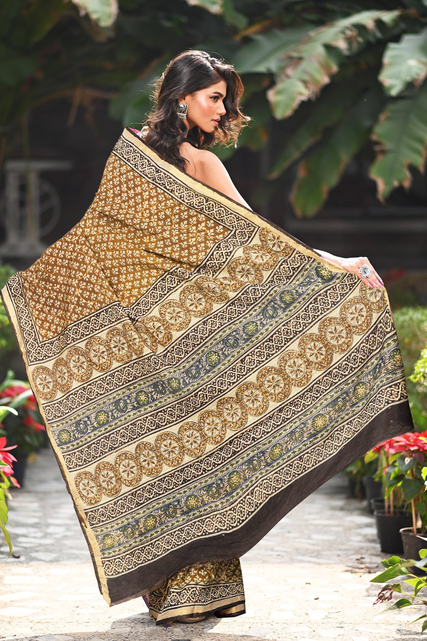 Brown Pure Bagru Printed Pashmina Sico Saree-UNM79301