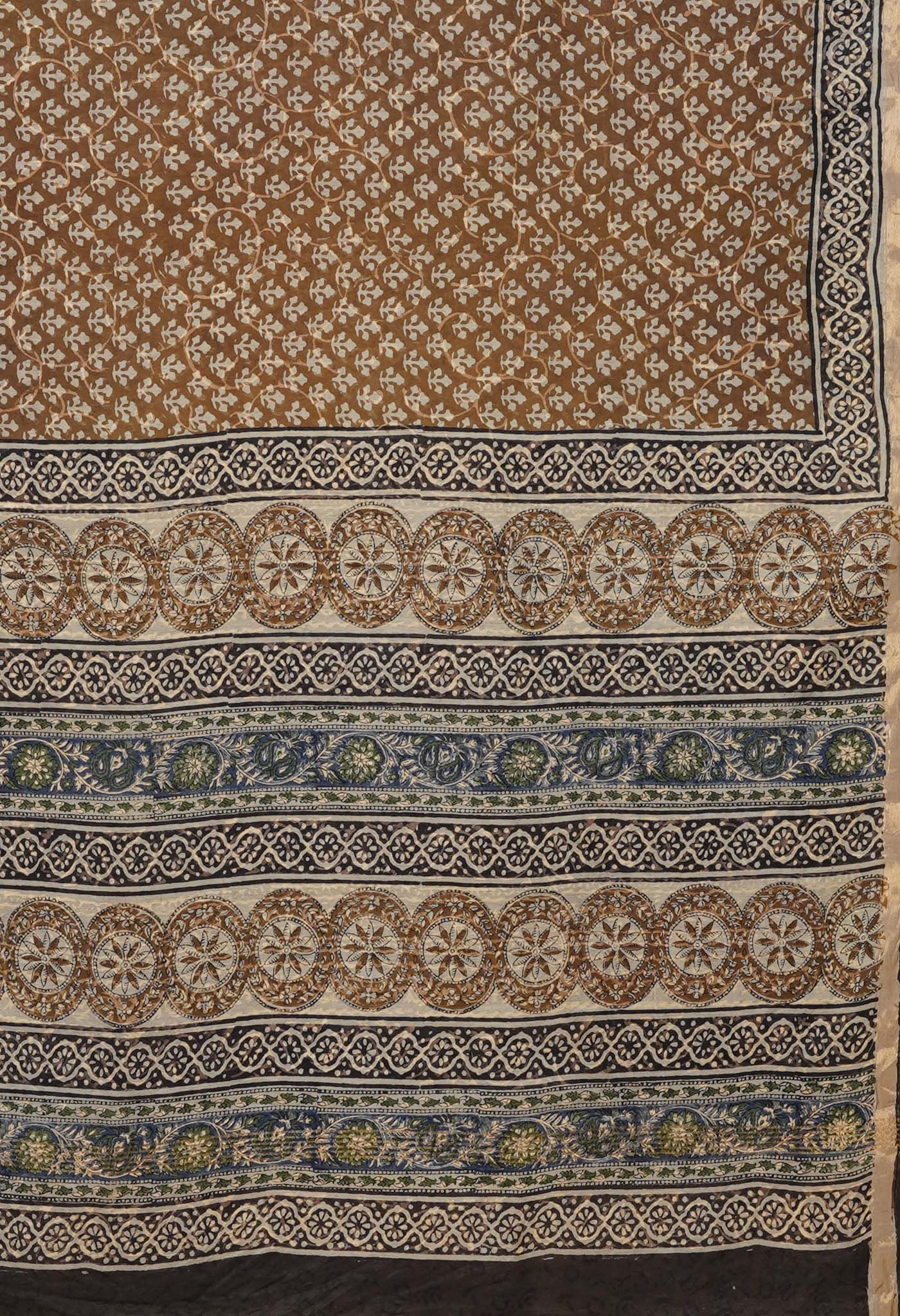 Brown Pure Bagru Printed Pashmina Sico Saree-UNM79301