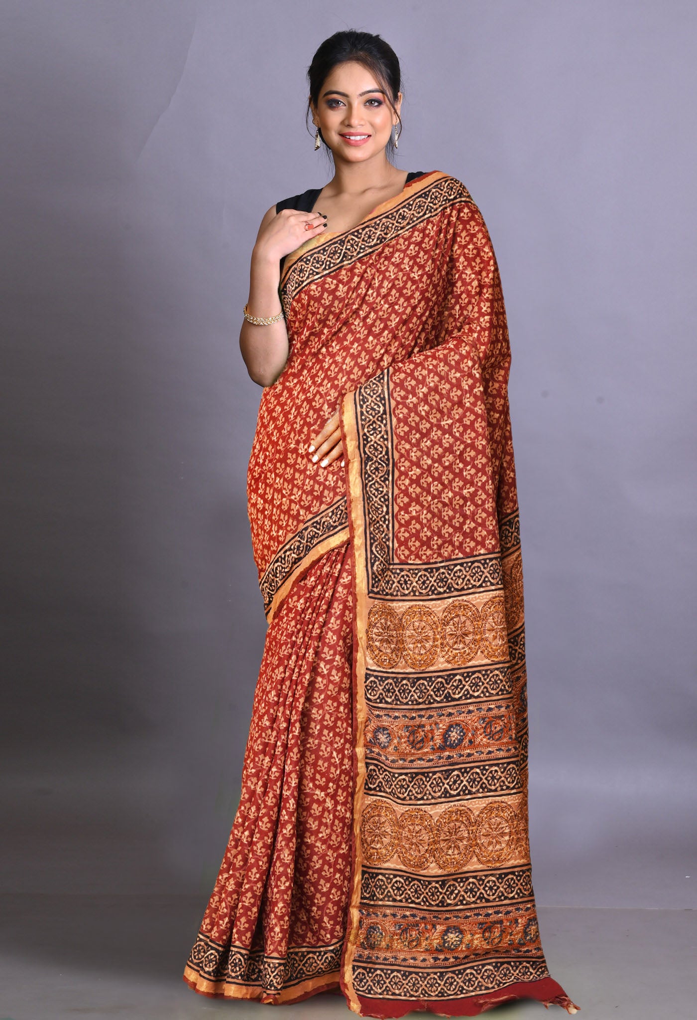 Red Pure Bagru Printed Pashmina Sico Saree-UNM79302