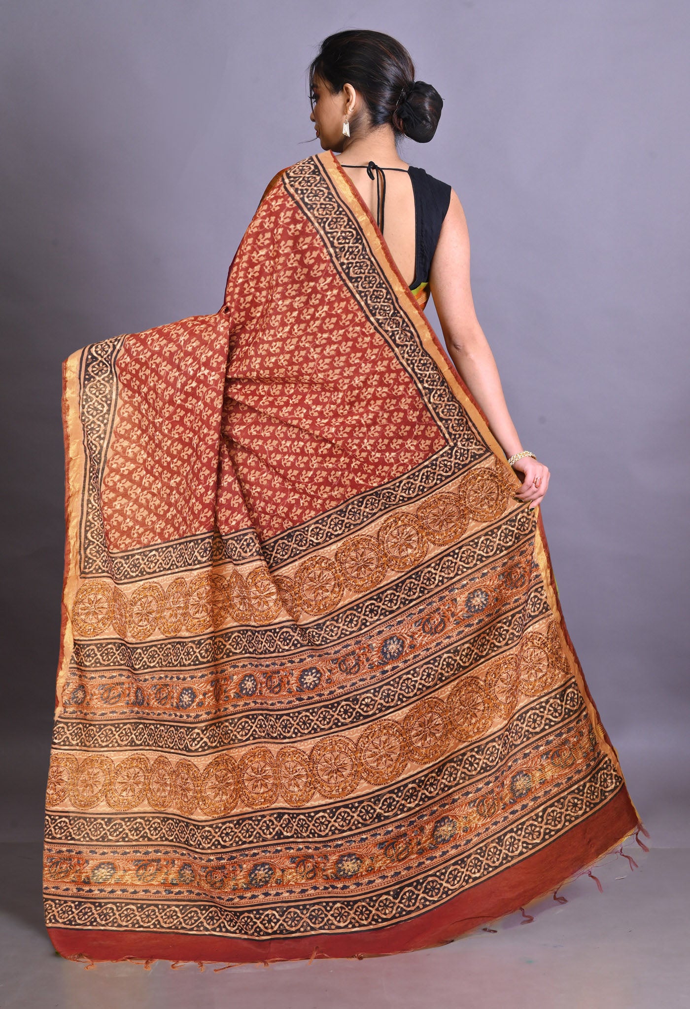 Red Pure Bagru Printed Pashmina Sico Saree-UNM79302