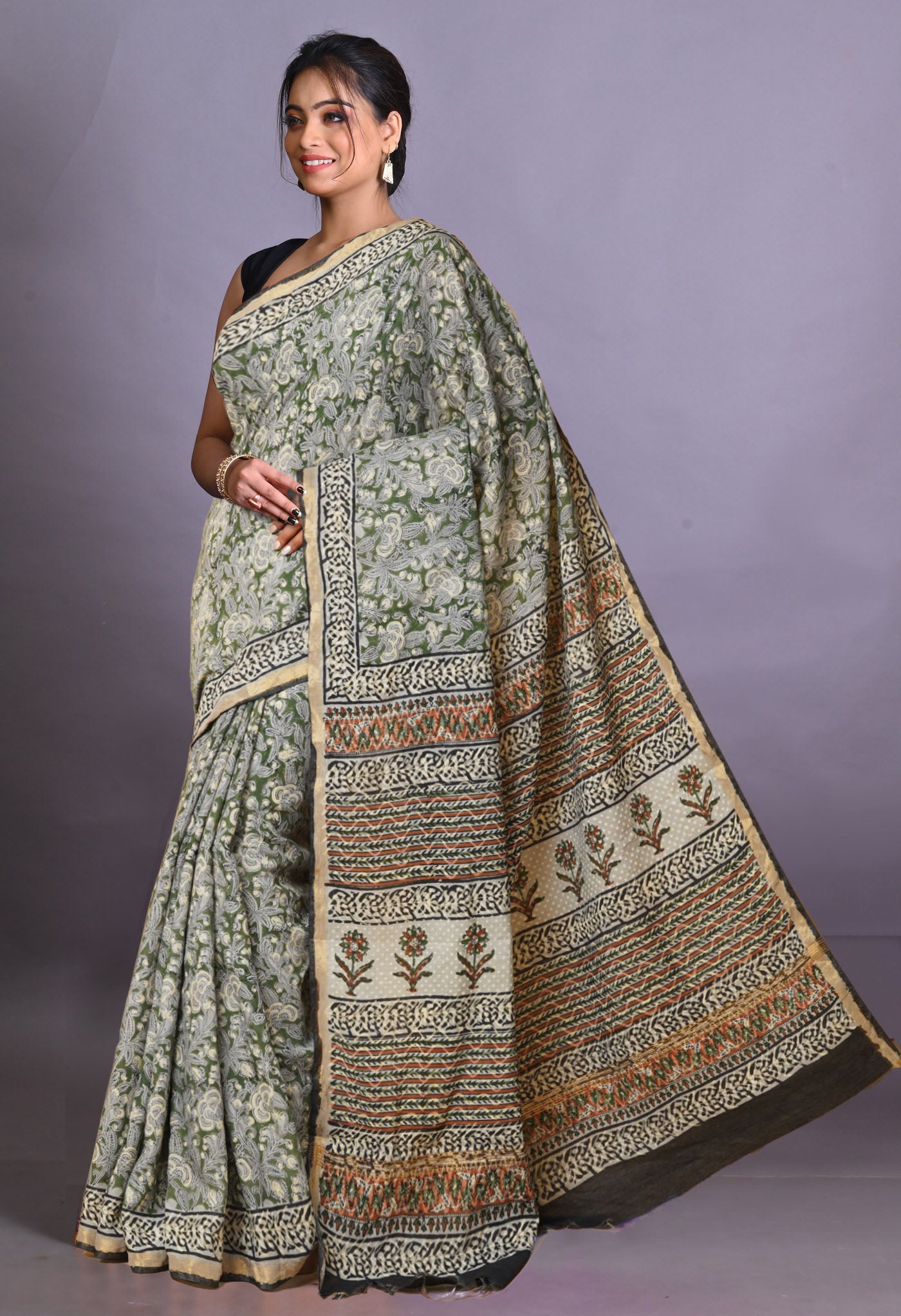 Green Pure Bagru Printed Pashmina Sico Saree-UNM79303