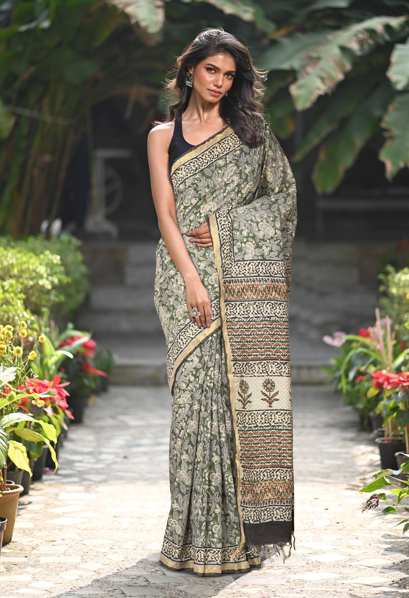 Green Pure Bagru Printed Pashmina Sico Saree-UNM79303