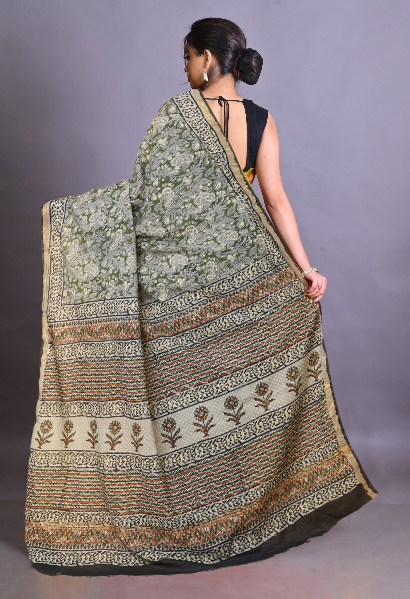 Green Pure Bagru Printed Pashmina Sico Saree-UNM79303