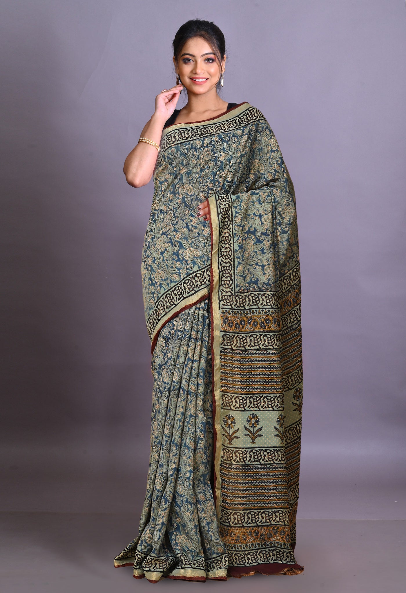 Blue Pure Bagru Printed Pashmina Sico Saree-UNM79304