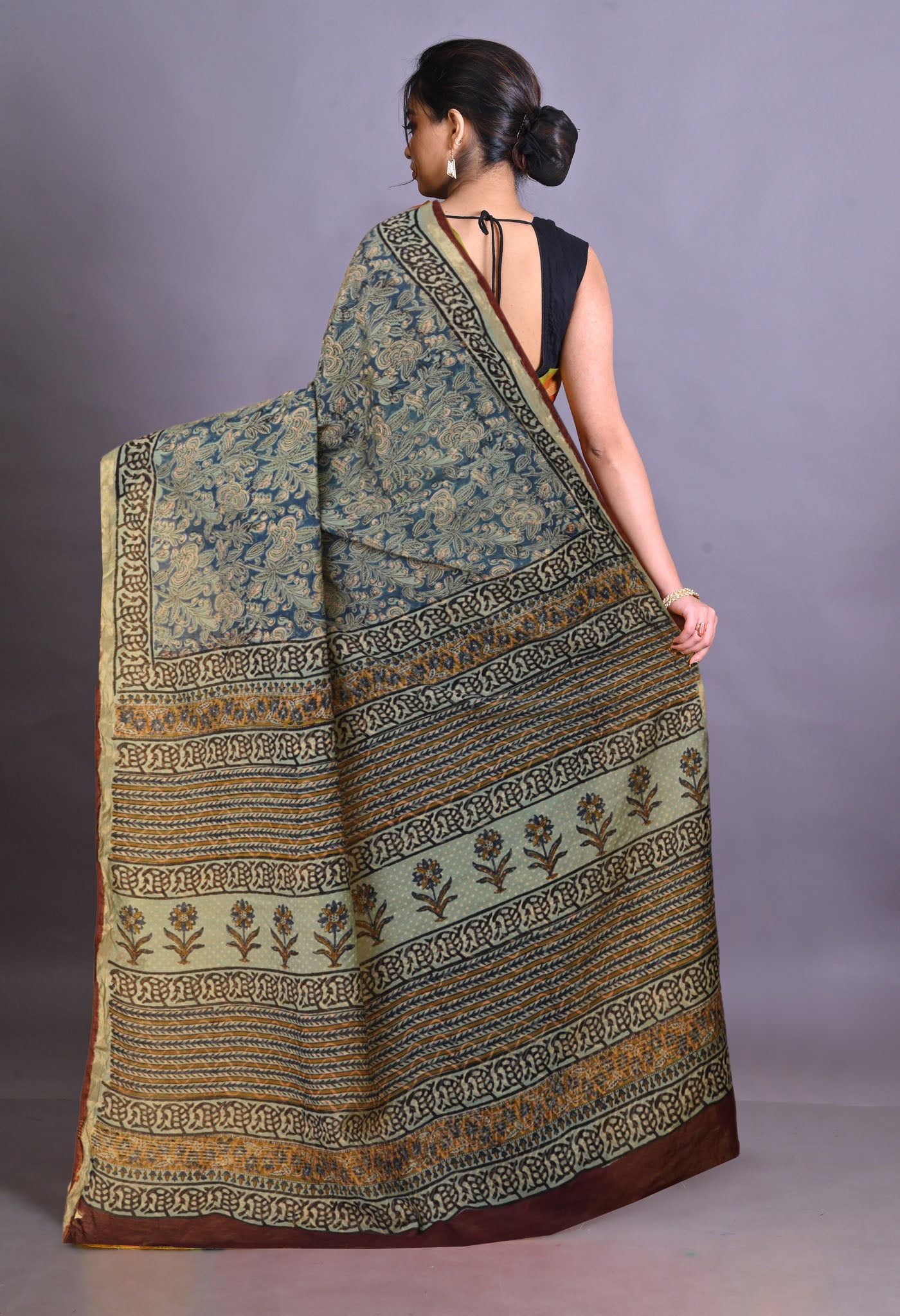 Blue Pure Bagru Printed Pashmina Sico Saree-UNM79304