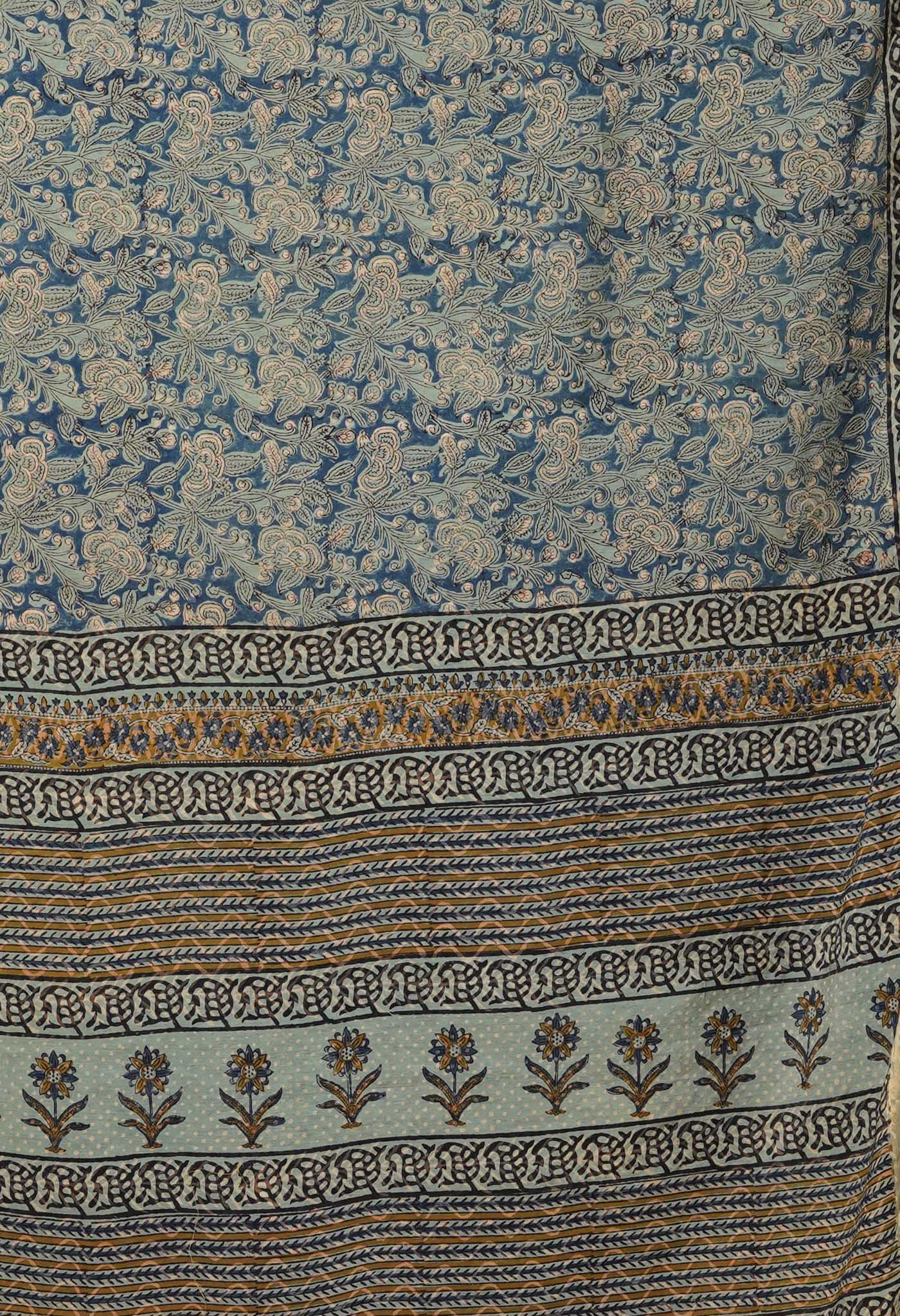 Blue Pure Bagru Printed Pashmina Sico Saree-UNM79304