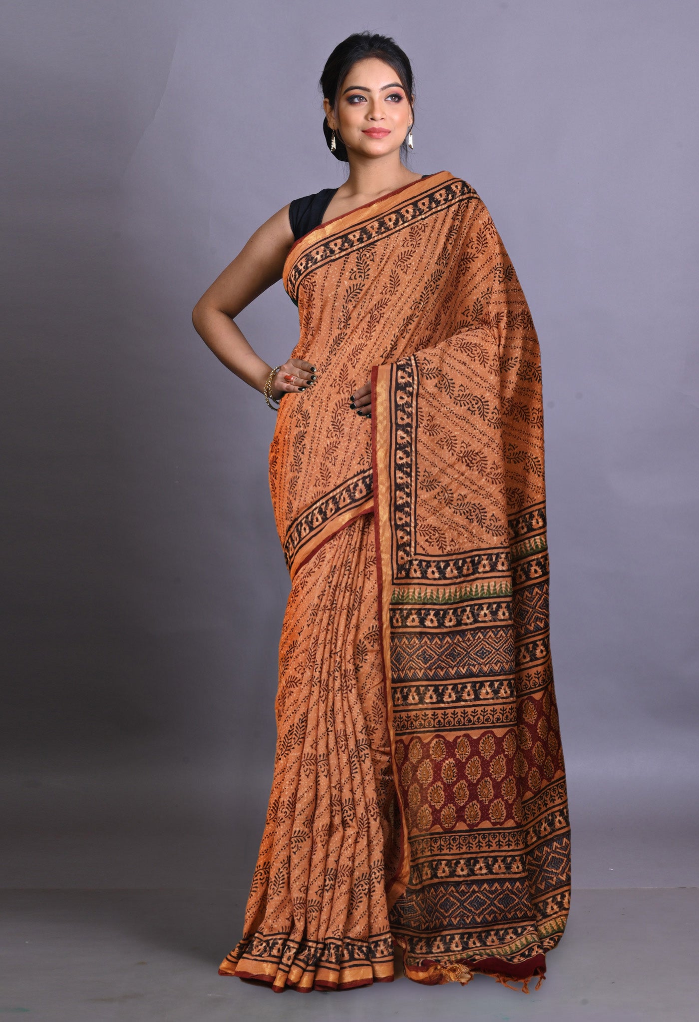 Brown Pure Bagru Printed Pashmina Sico Saree-UNM79305