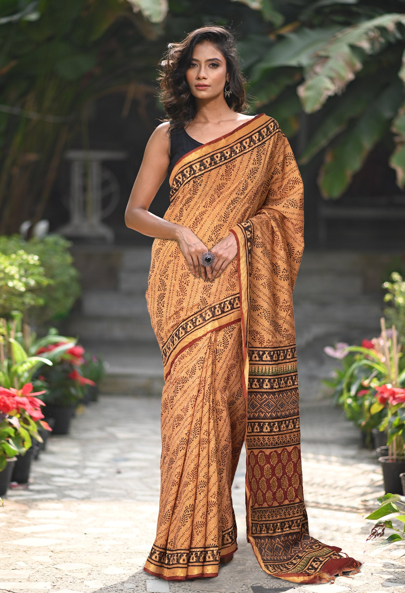 Brown Pure Bagru Printed Pashmina Sico Saree-UNM79305