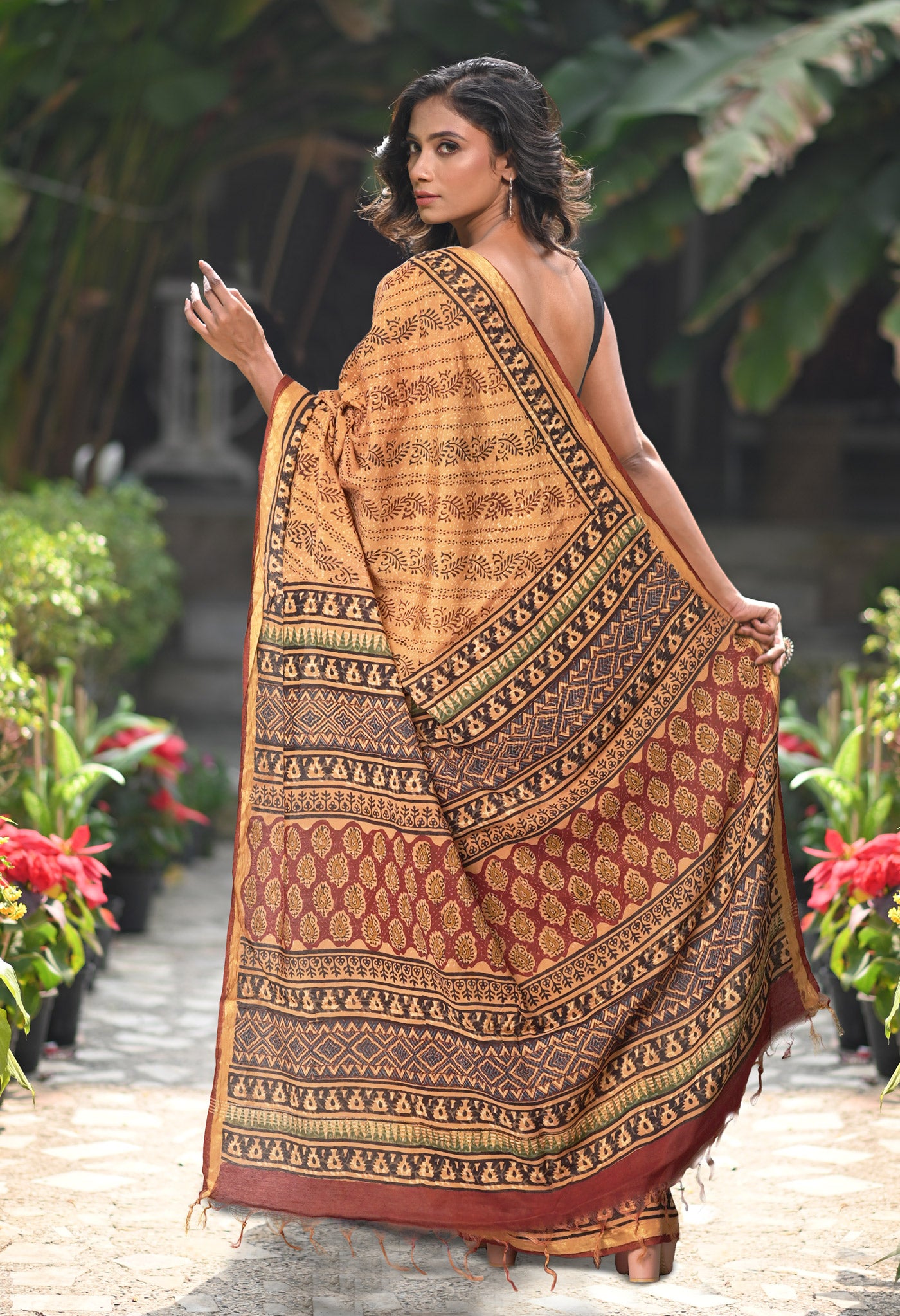 Brown Pure Bagru Printed Pashmina Sico Saree-UNM79305