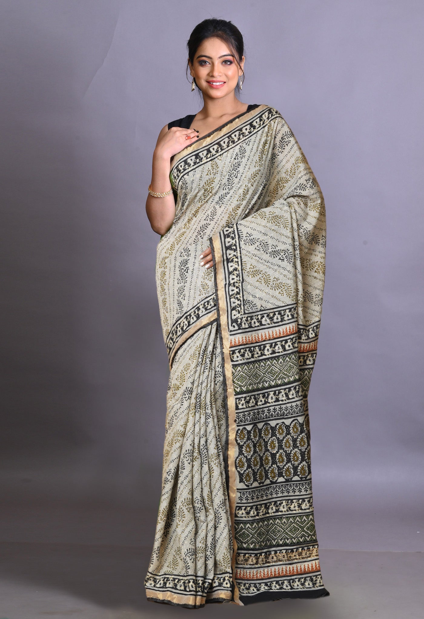 Grey Pure Bagru Printed Pashmina Sico Saree-UNM79306