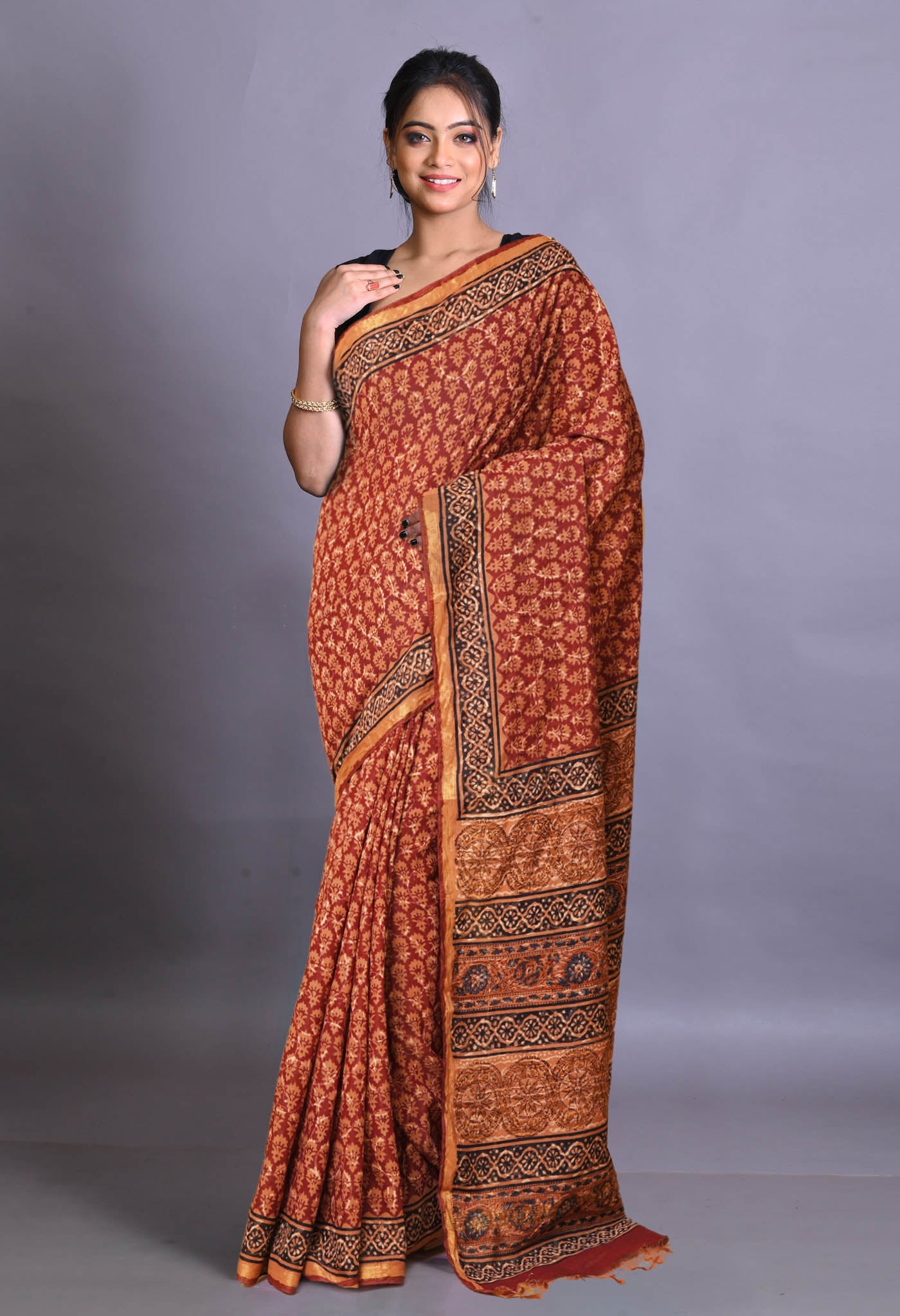 Red Pure Bagru Printed Pashmina Sico Saree-UNM79307