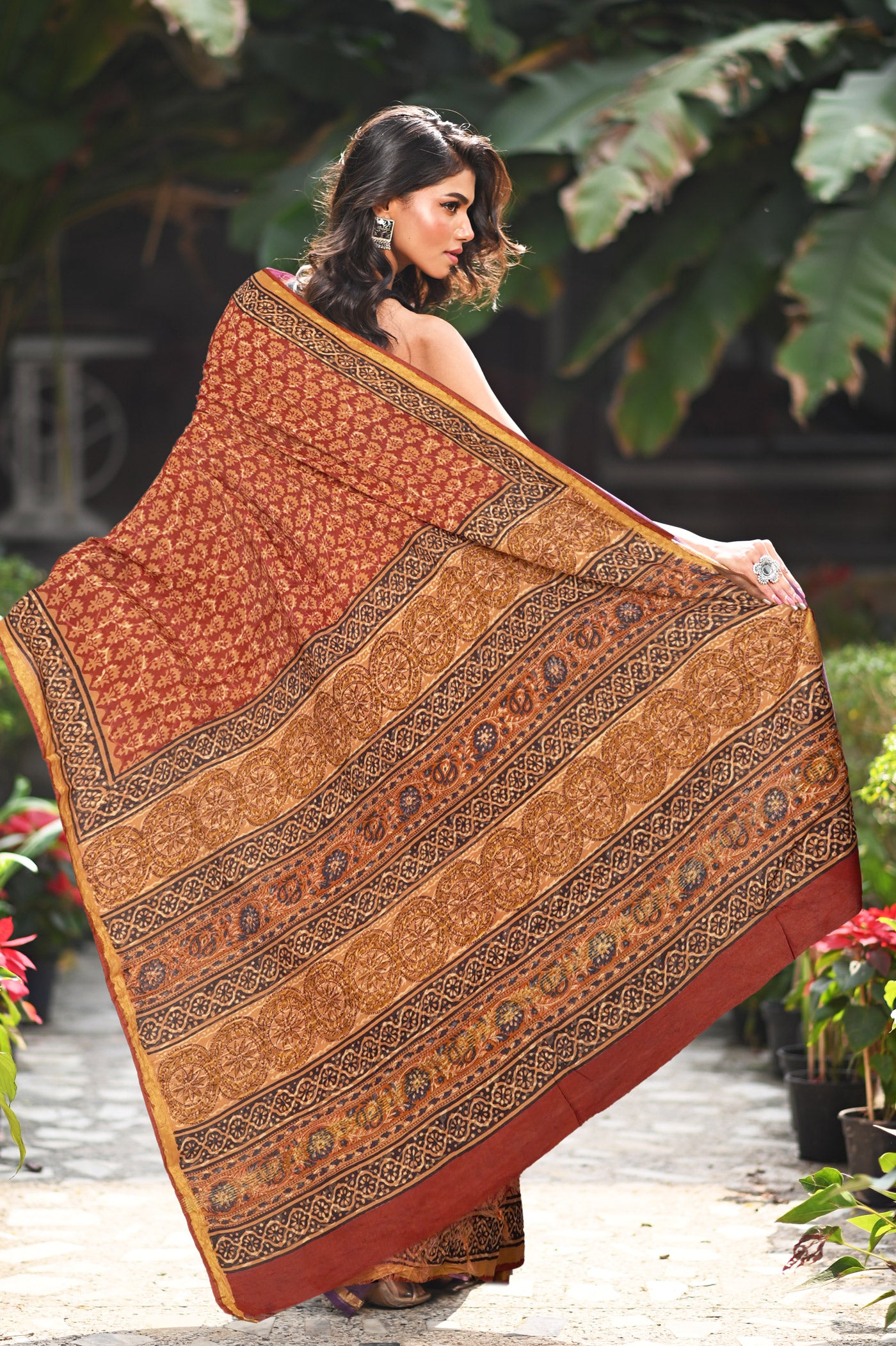 Red Pure Bagru Printed Pashmina Sico Saree-UNM79307