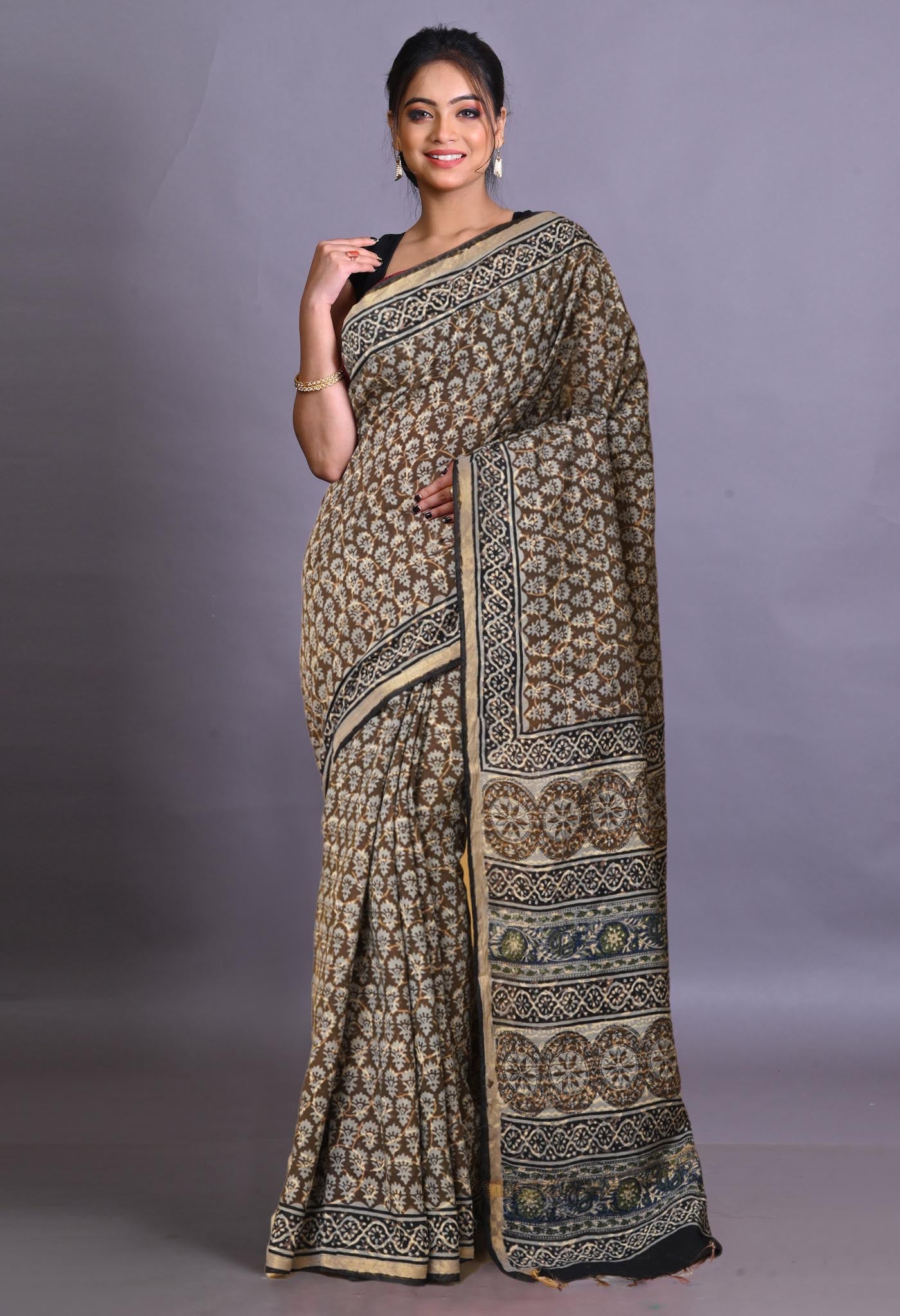 Brown Pure Bagru Printed Pashmina Sico Saree-UNM79308