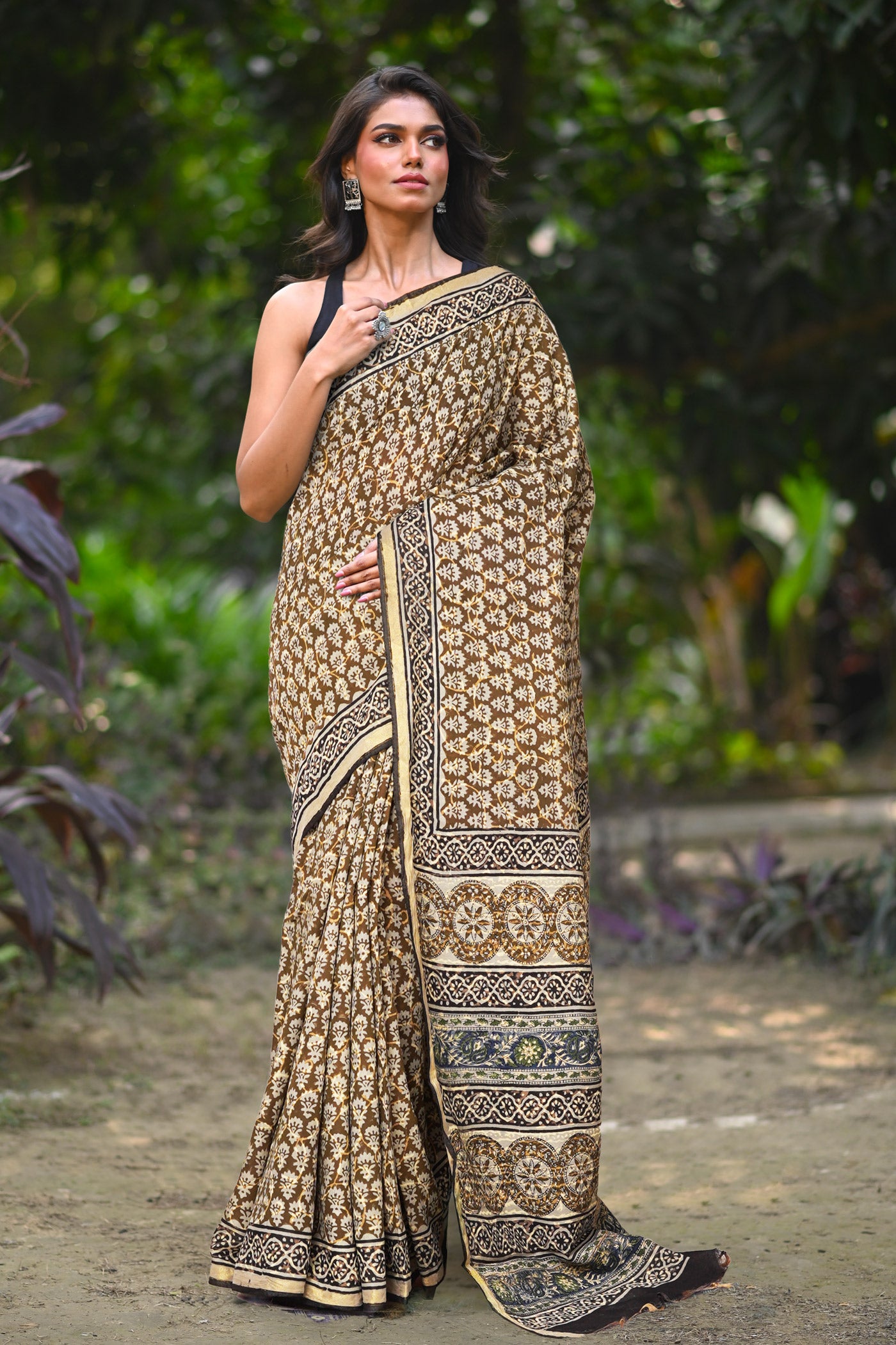 Brown Pure Bagru Printed Pashmina Sico Saree-UNM79308