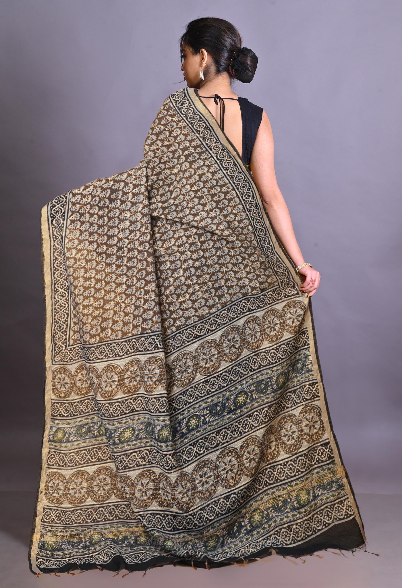 Brown Pure Bagru Printed Pashmina Sico Saree-UNM79308