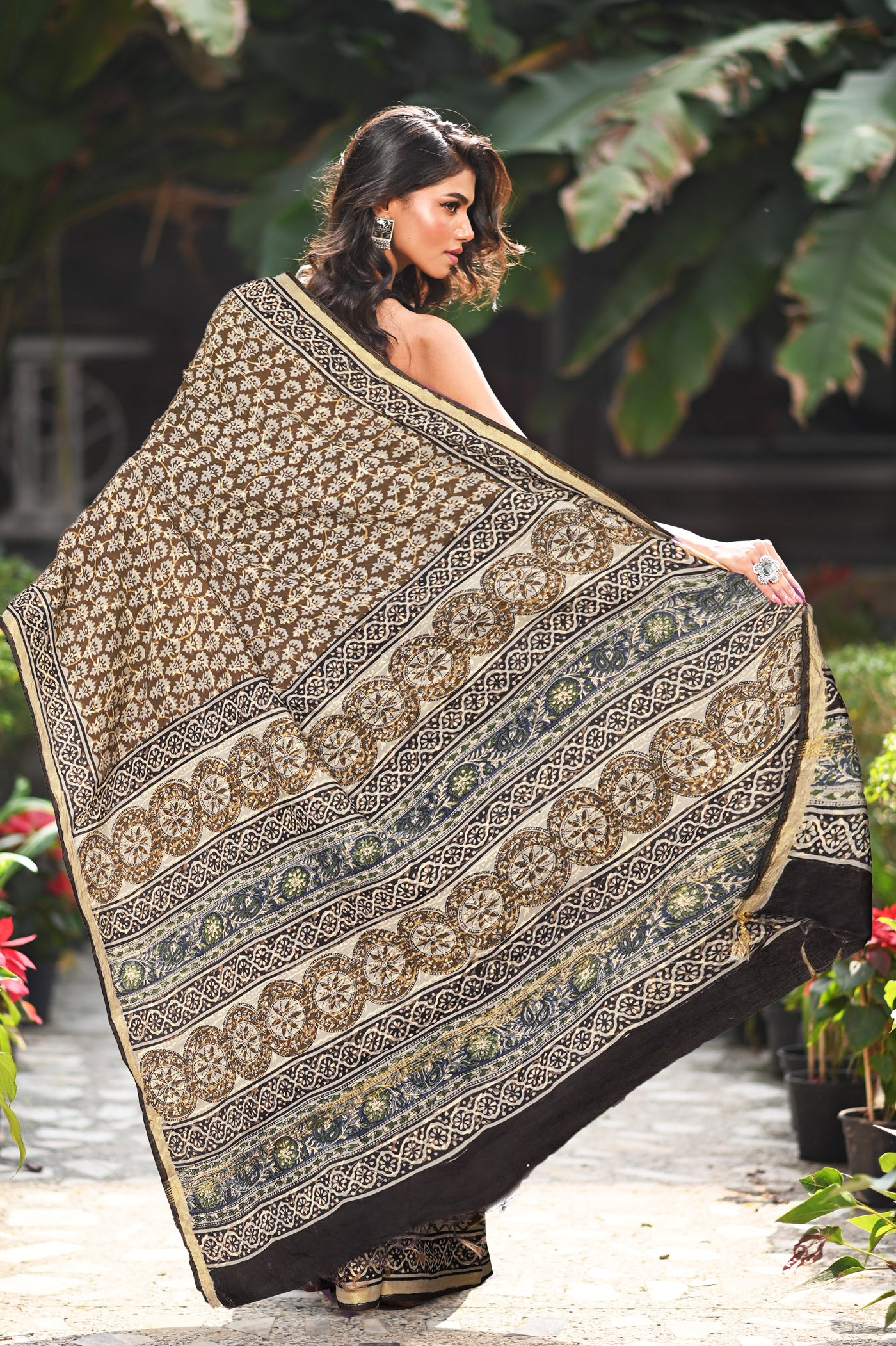 Brown Pure Bagru Printed Pashmina Sico Saree-UNM79308