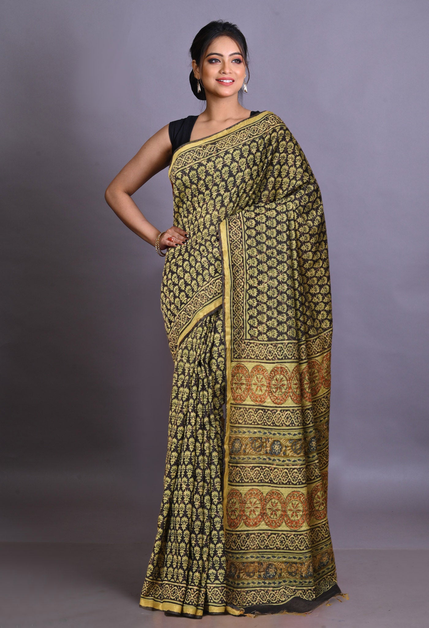 Black Pure Bagru Printed Pashmina Sico Saree-UNM79309