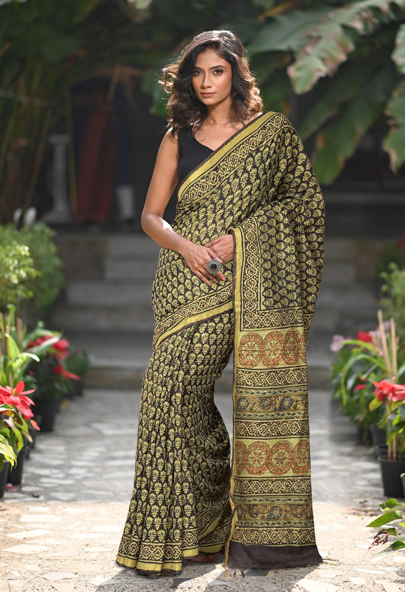 Black Pure Bagru Printed Pashmina Sico Saree-UNM79309