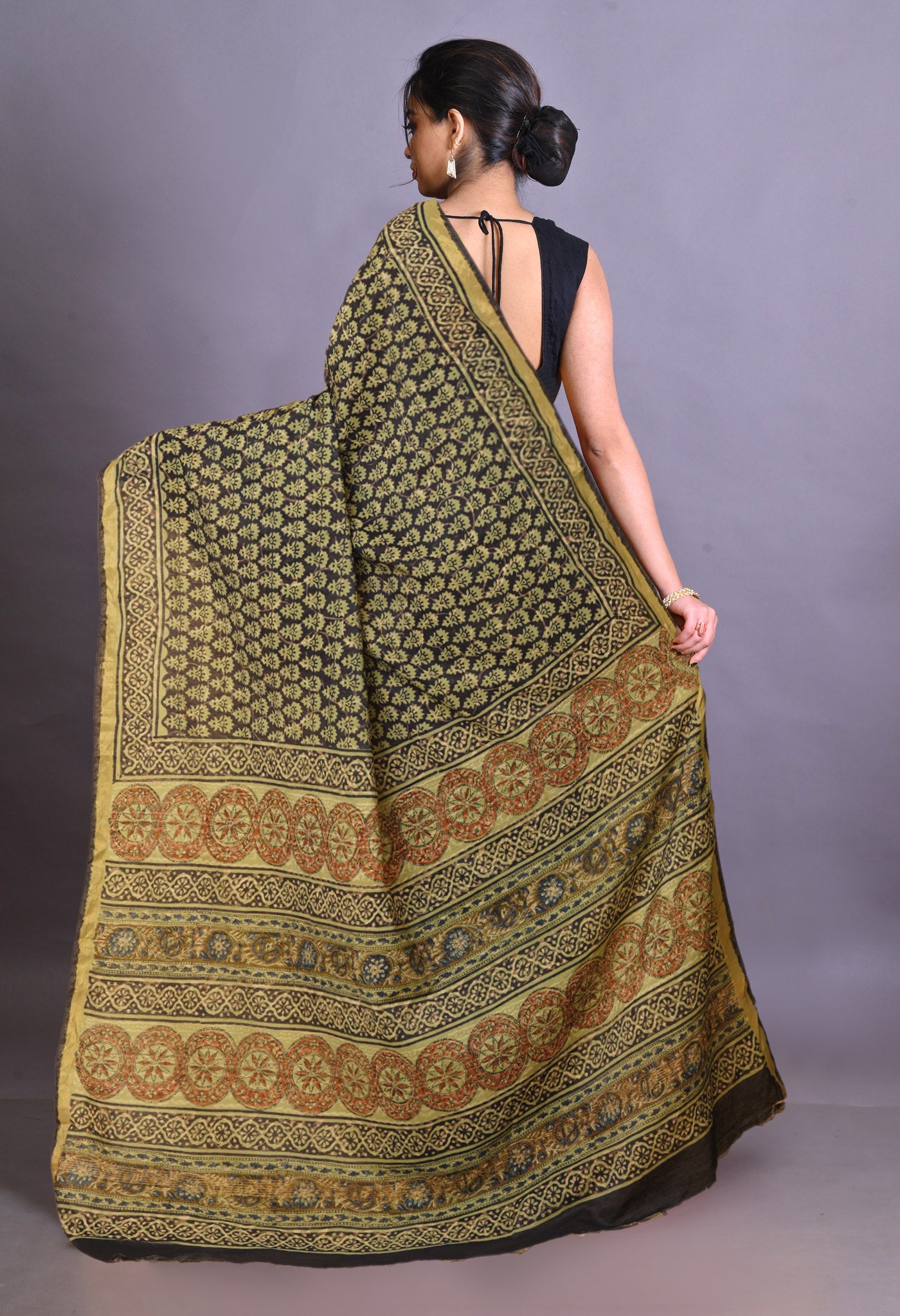 Black Pure Bagru Printed Pashmina Sico Saree-UNM79309