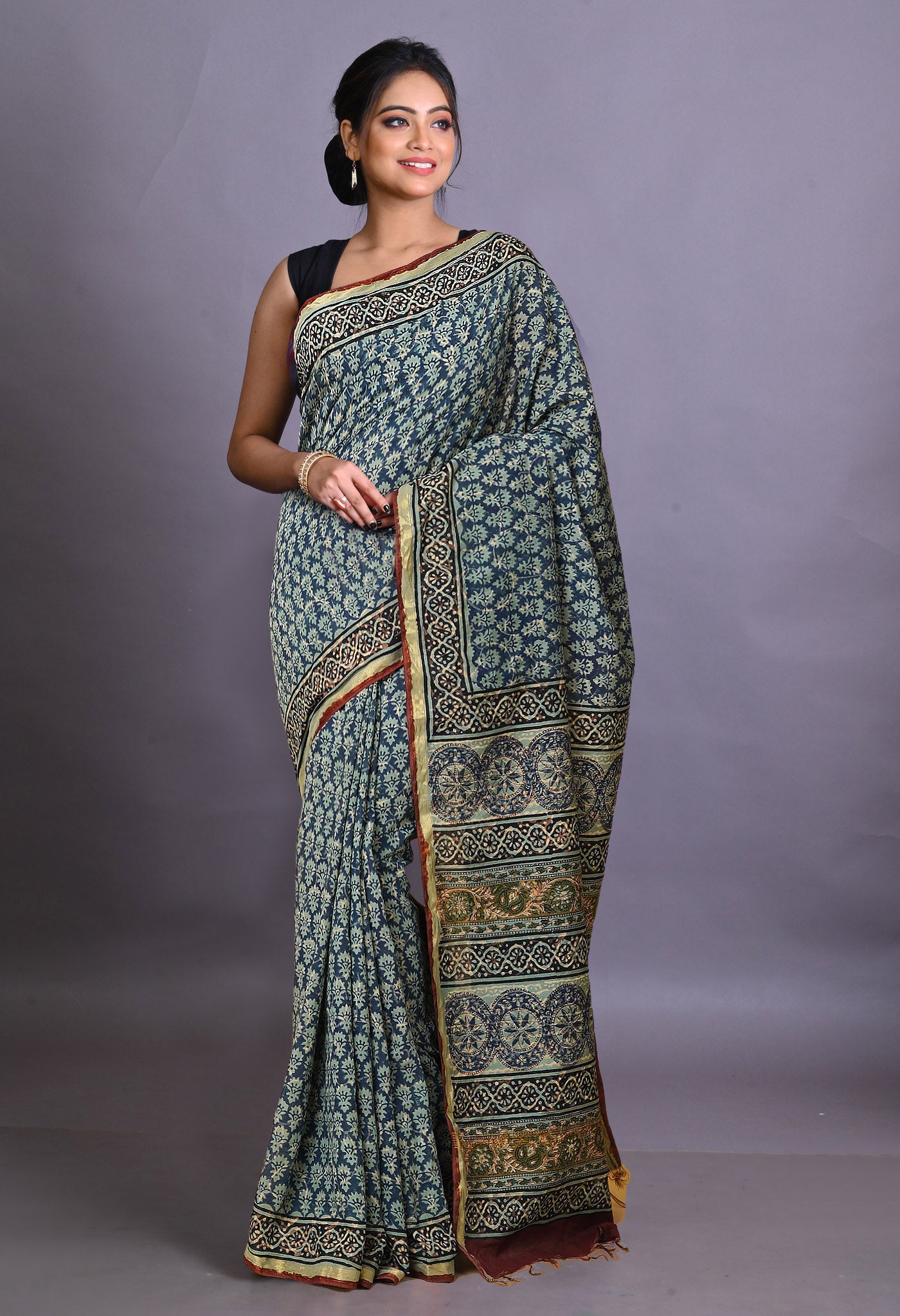 Blue Pure Bagru Printed Pashmina Sico Saree-UNM79310