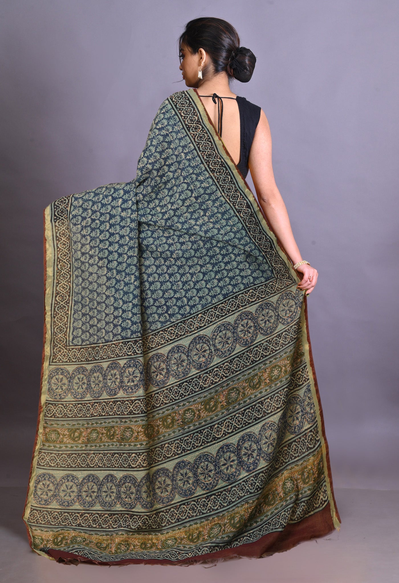 Blue Pure Bagru Printed Pashmina Sico Saree-UNM79310