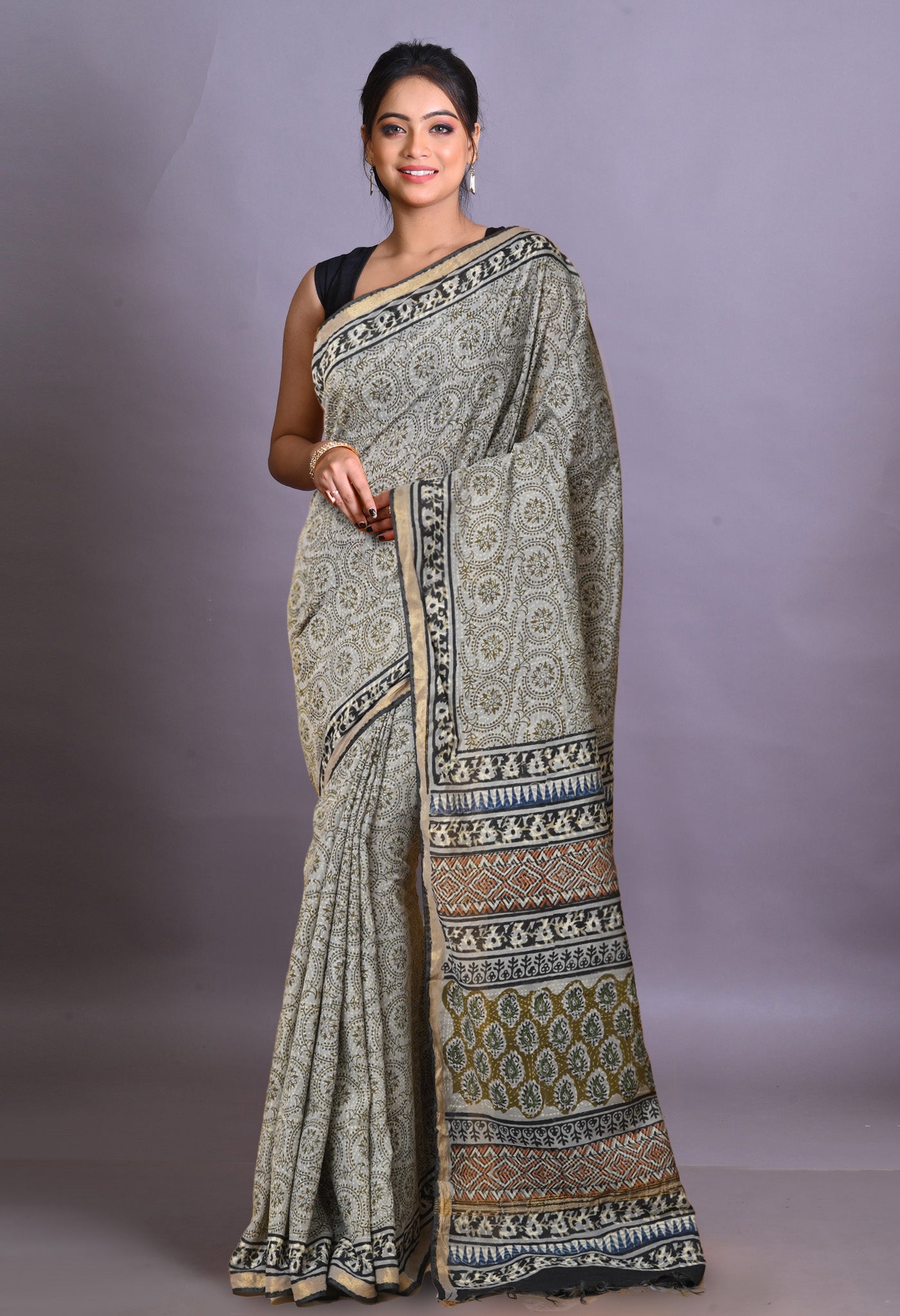 Grey Pure Bagru Printed Pashmina Sico Saree-UNM79311