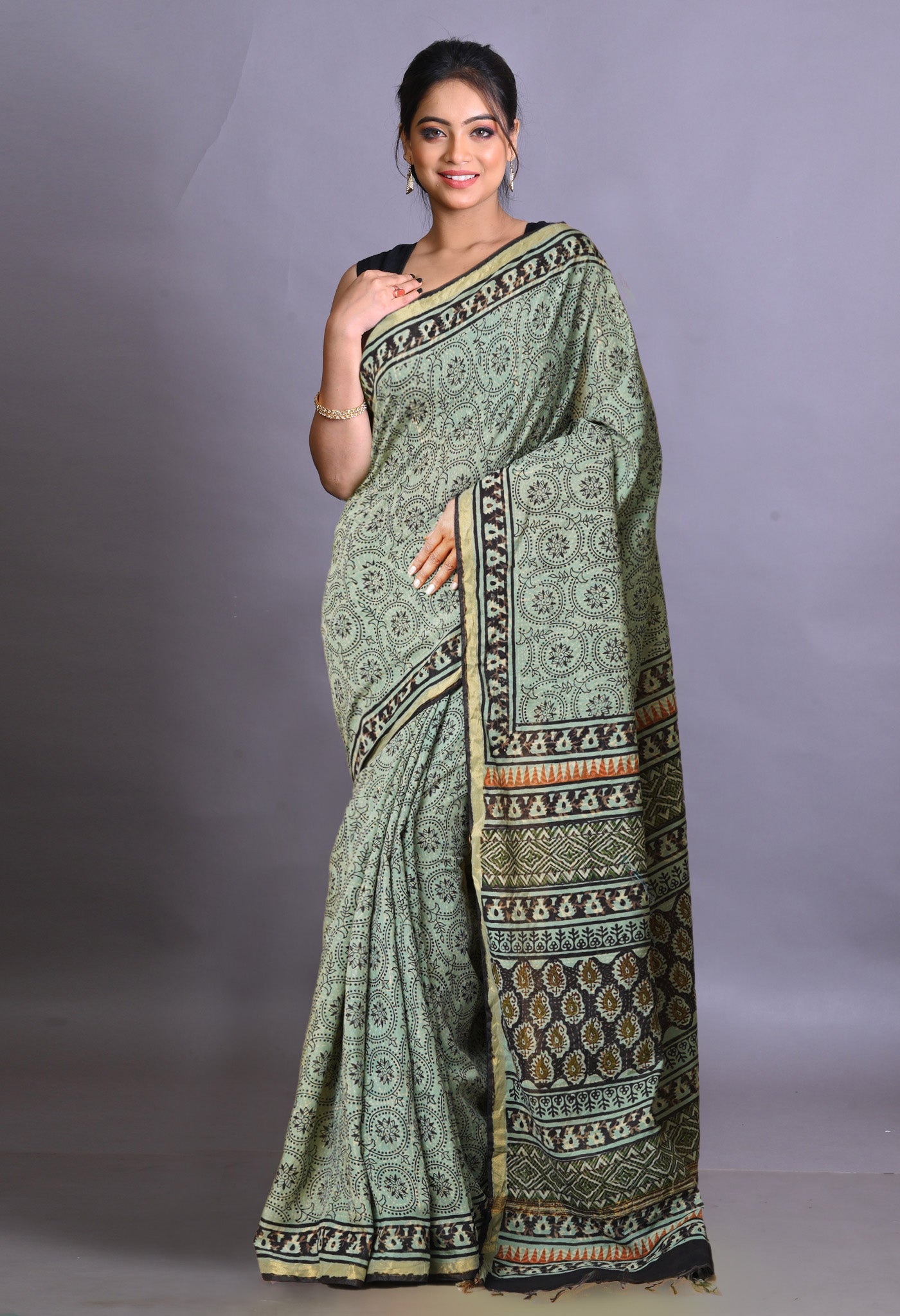 Green Pure Bagru Printed Pashmina Sico Saree-UNM79312